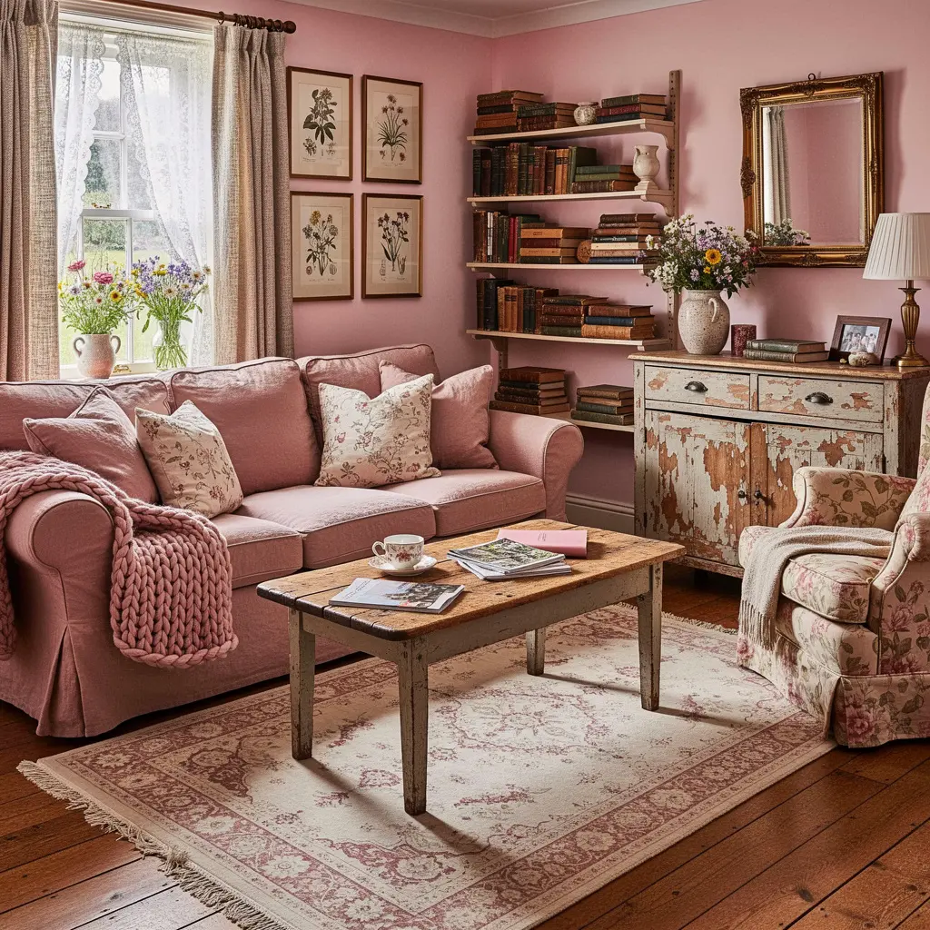 Cozy Feminine Pink Cottage Living Room