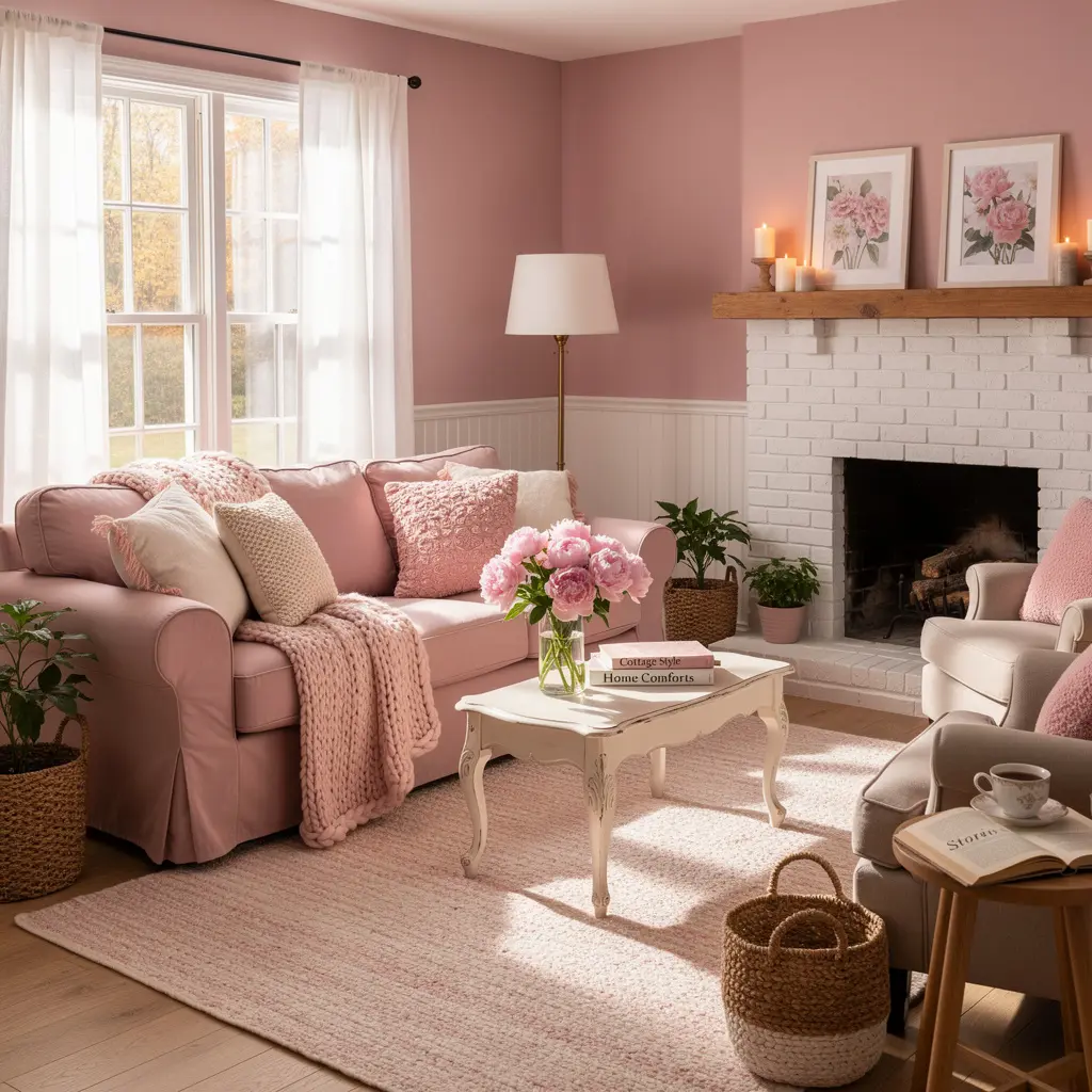 Cozy Feminine Pink Cottage Living Room