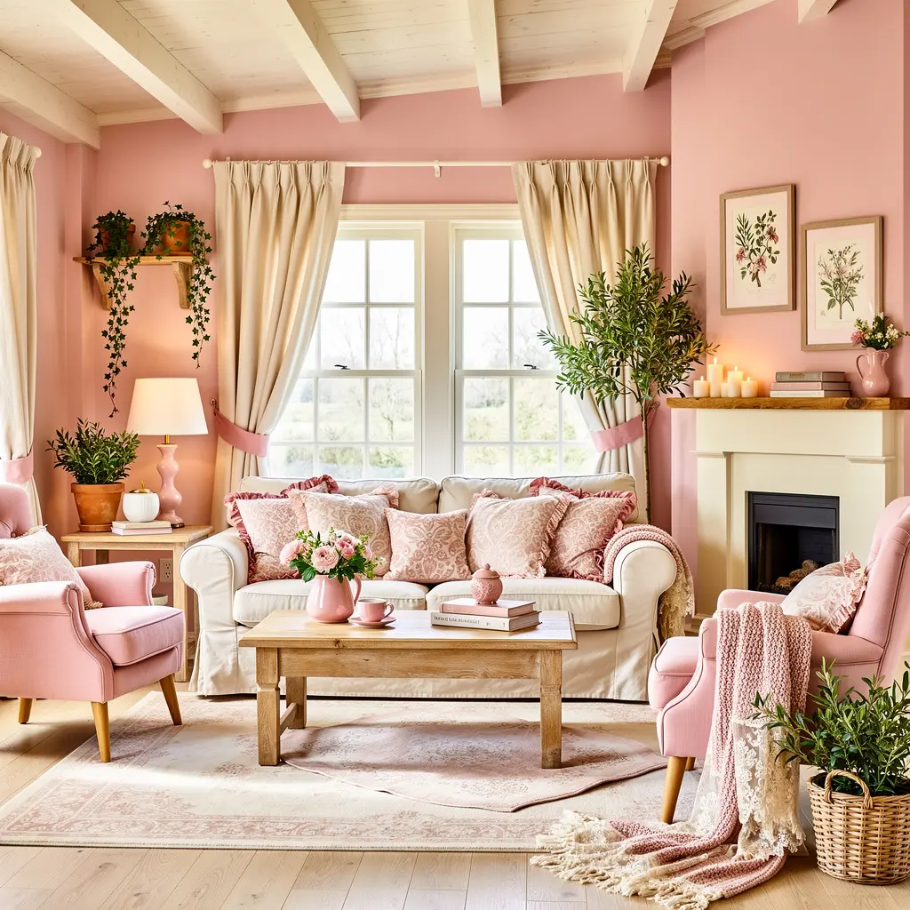 Cozy Feminine Pink Cottage Living Room