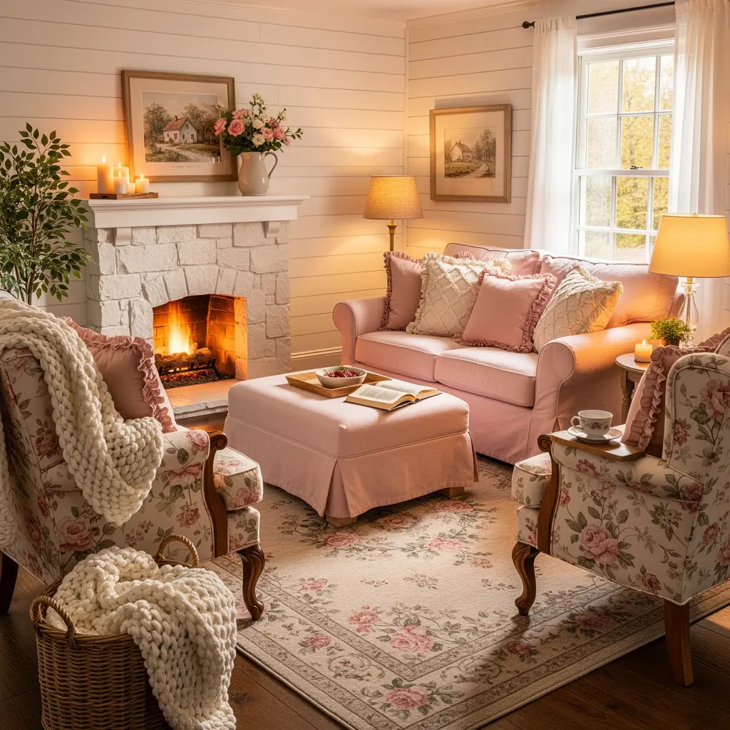 Cozy Feminine Pink Cottage Living Room