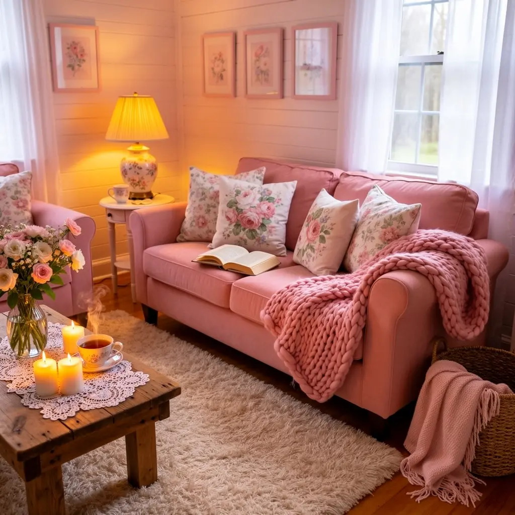 Cozy Feminine Pink Cottage Living Room