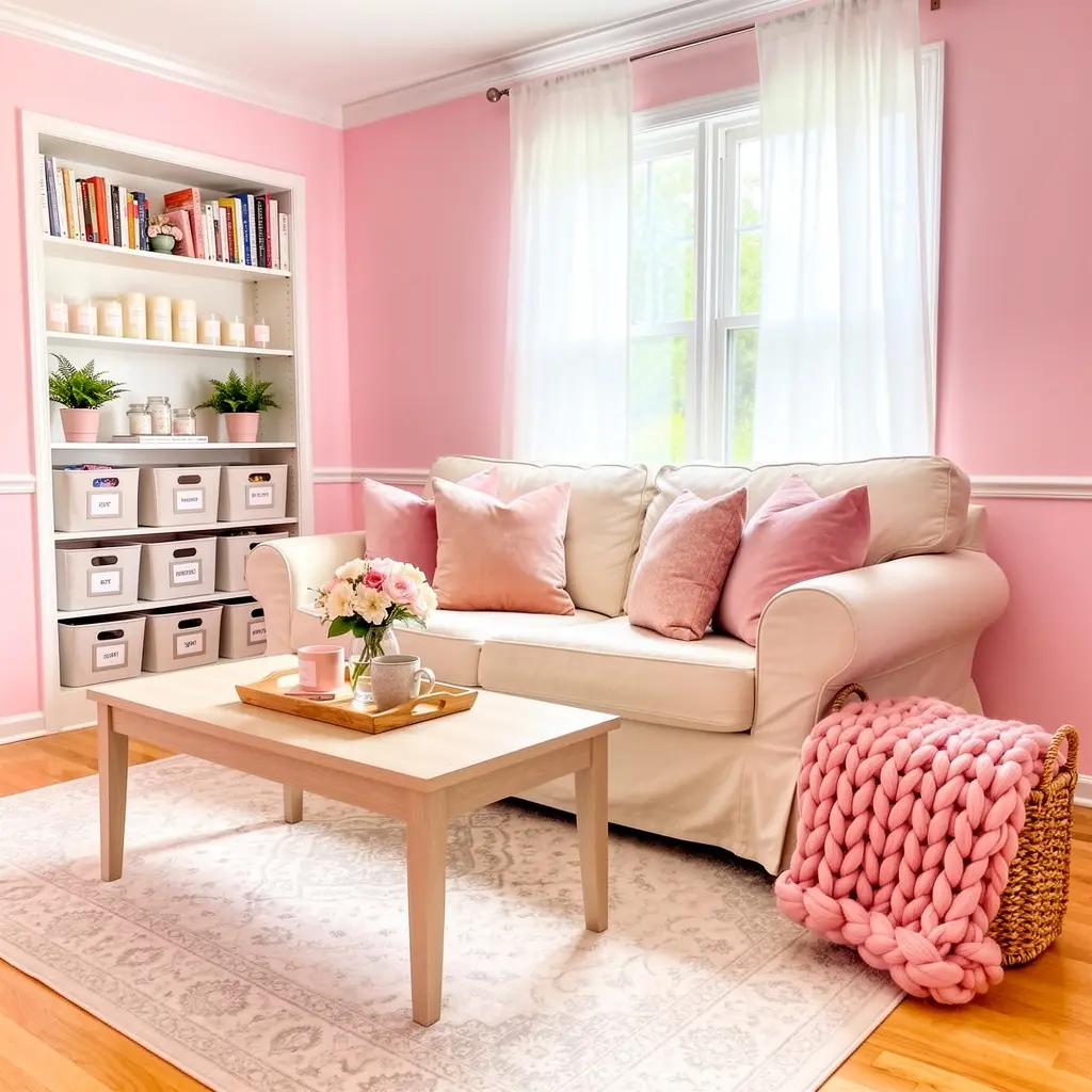 Cozy Feminine Pink Cottage Living Room