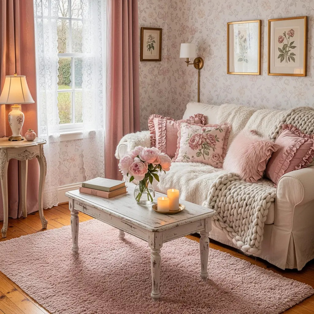 Cozy Feminine Pink Cottage Living Room