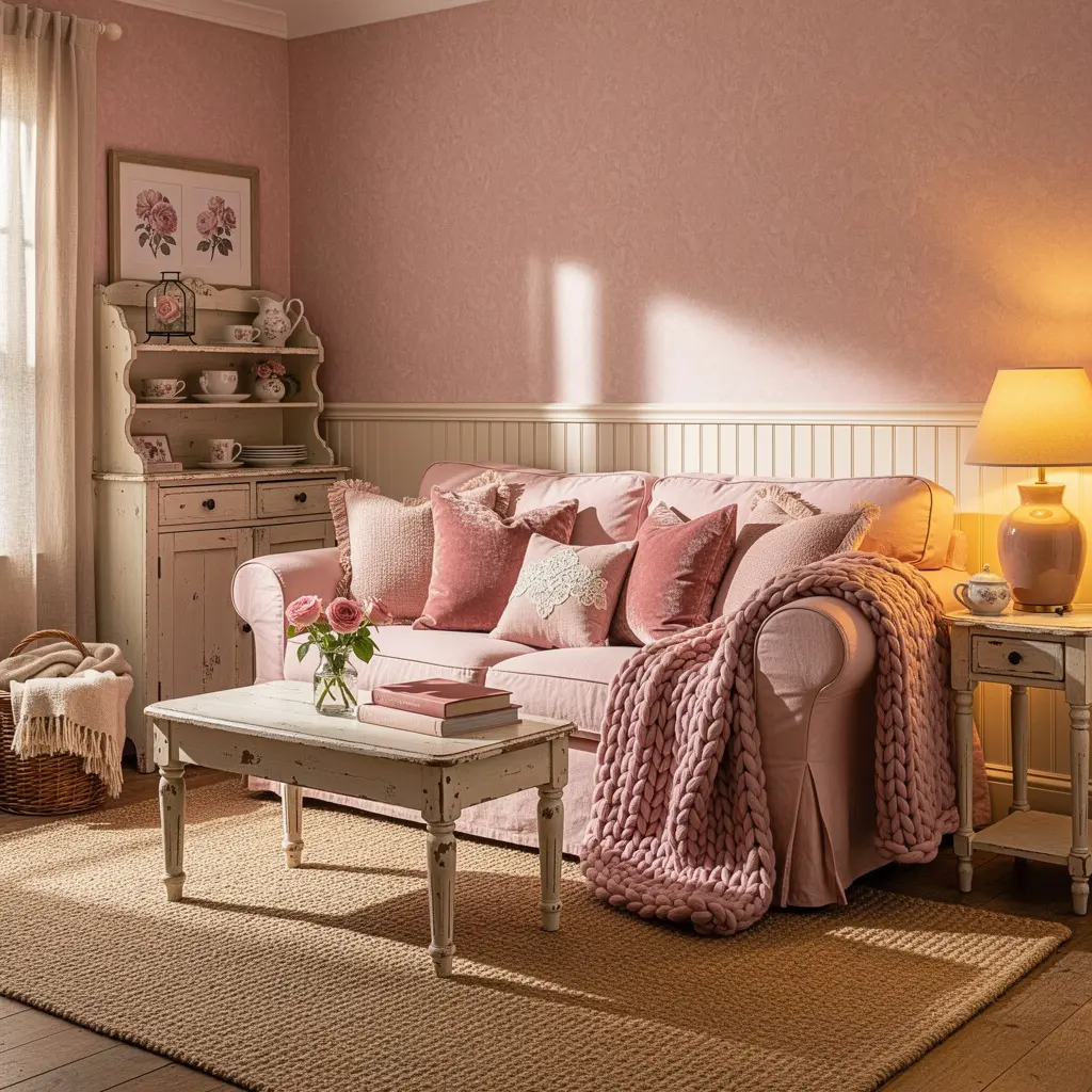 Cozy Feminine Pink Cottage Living Room