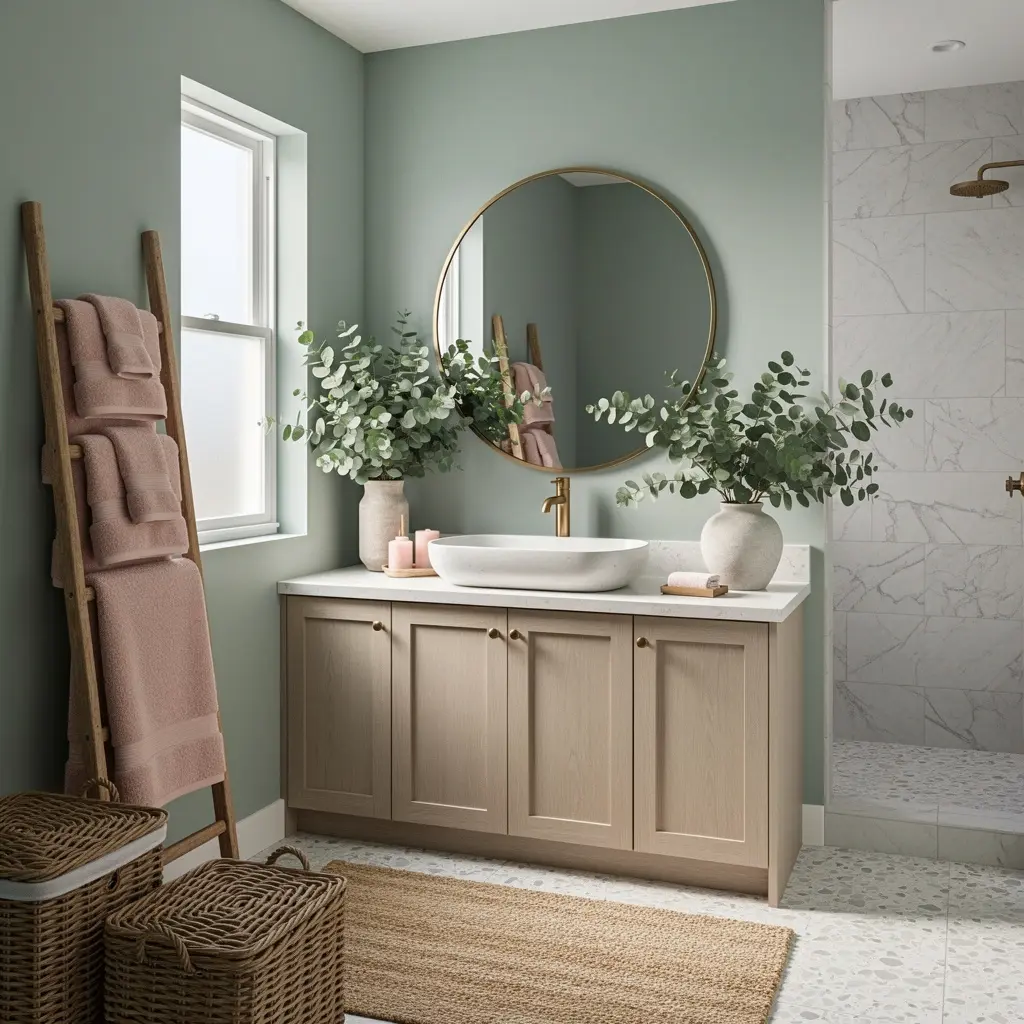 Elegant Sage Green and Blush Pink Bathroom  Decor