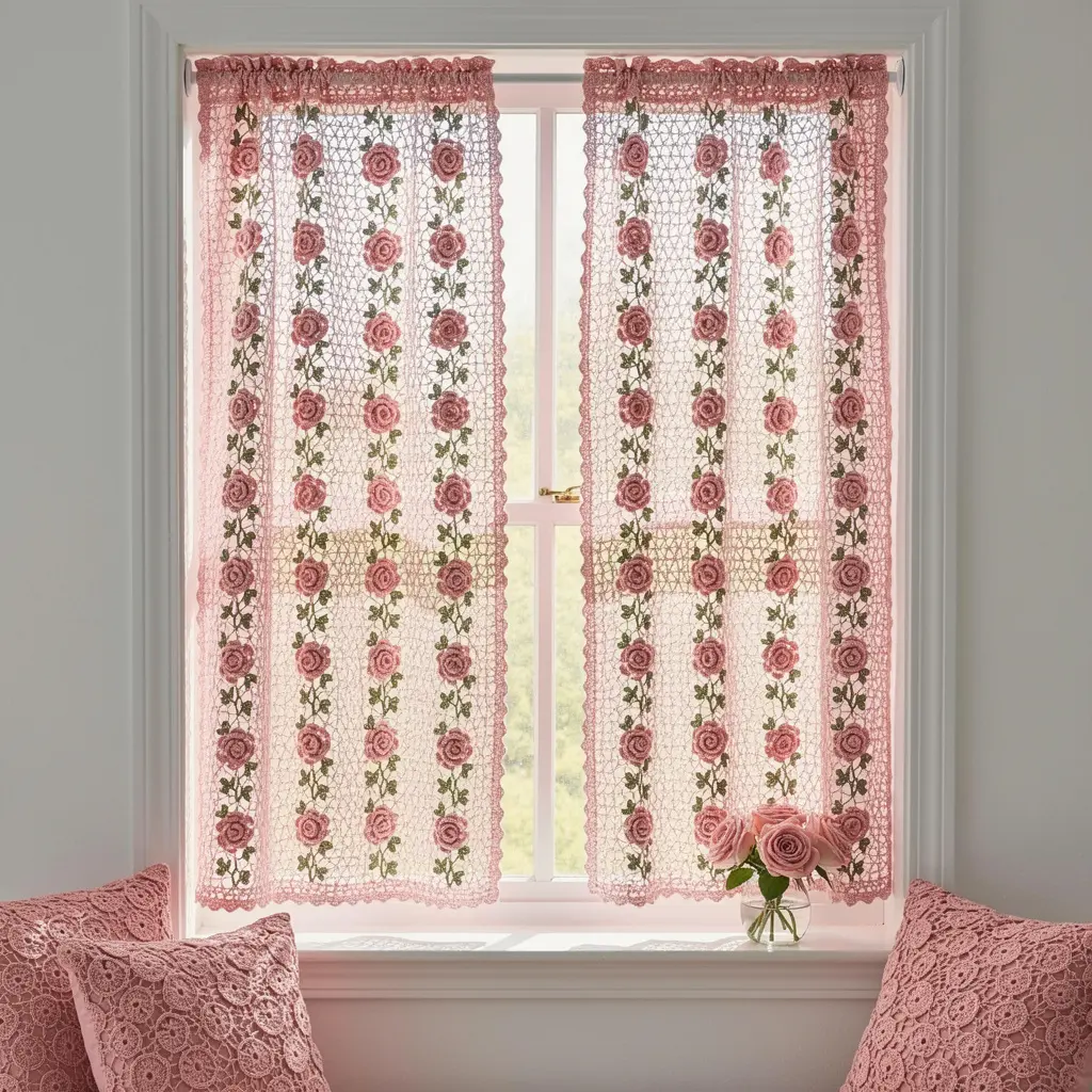 Pink Crochet Rose Curtain