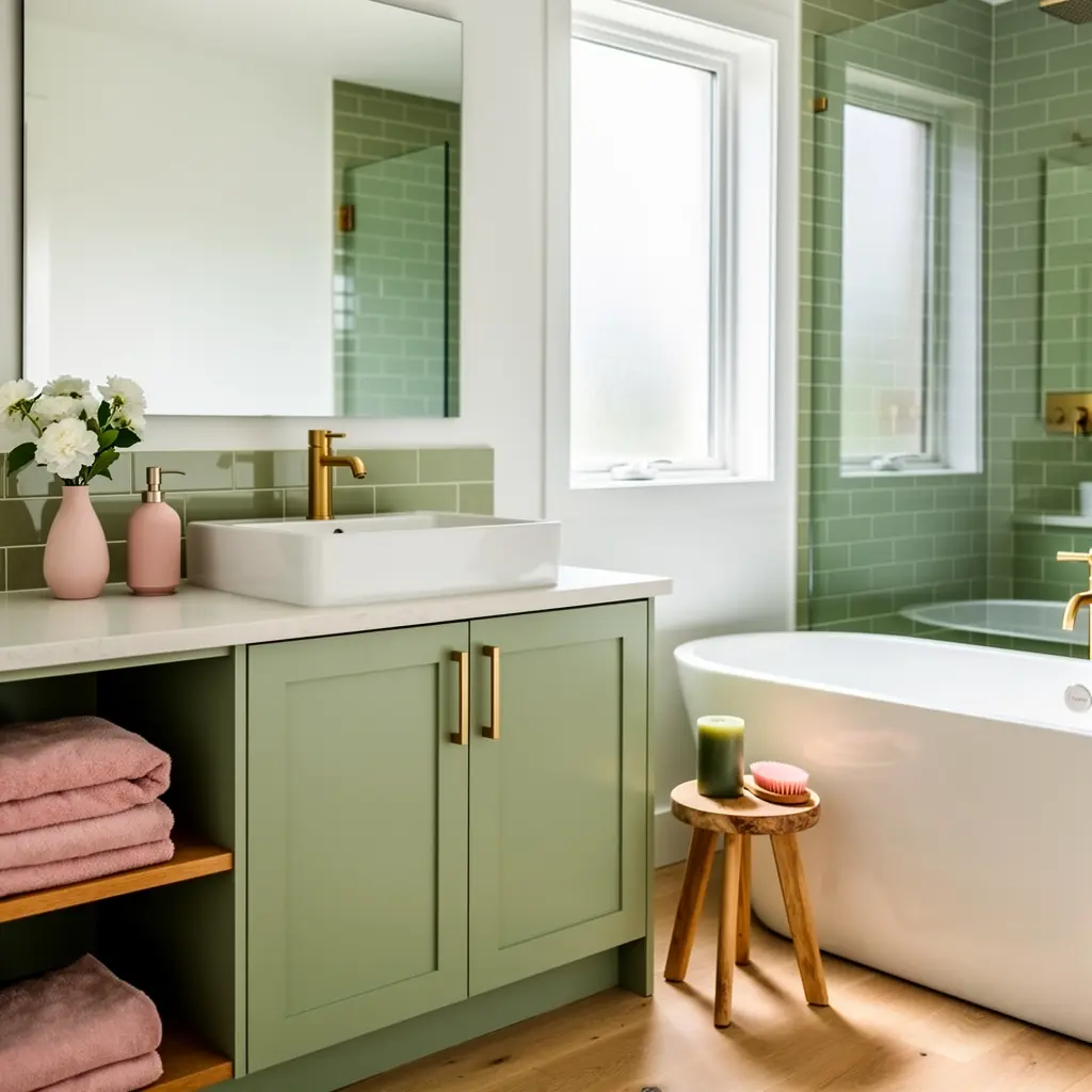 Elegant Sage Green and Blush Pink Bathroom  Decor