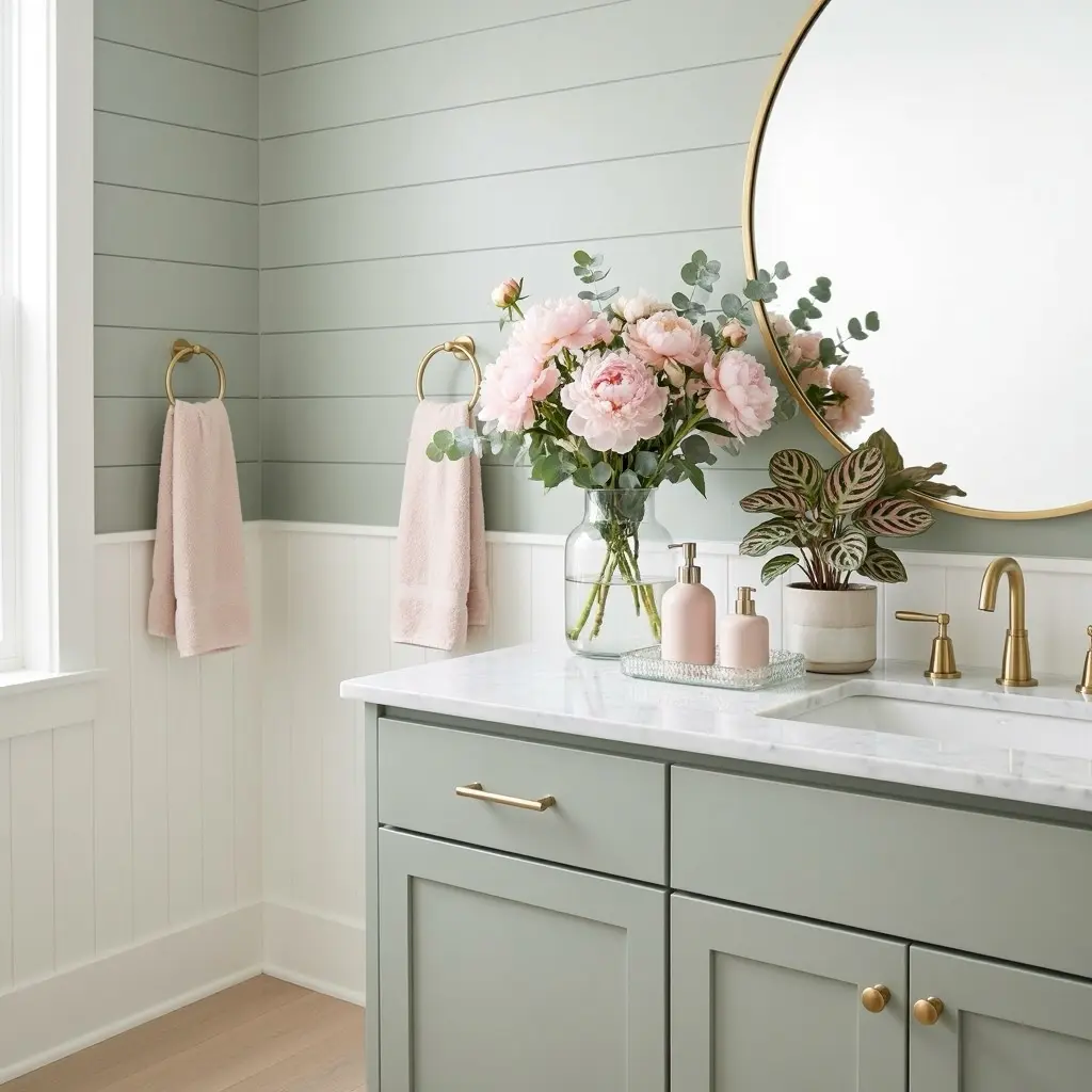 Elegant Sage Green and Blush Pink Bathroom  Decor