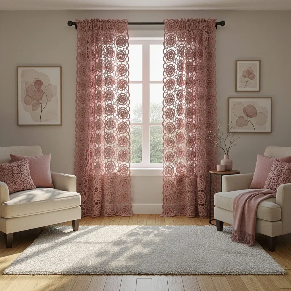Pink Crochet Rose Curtain
