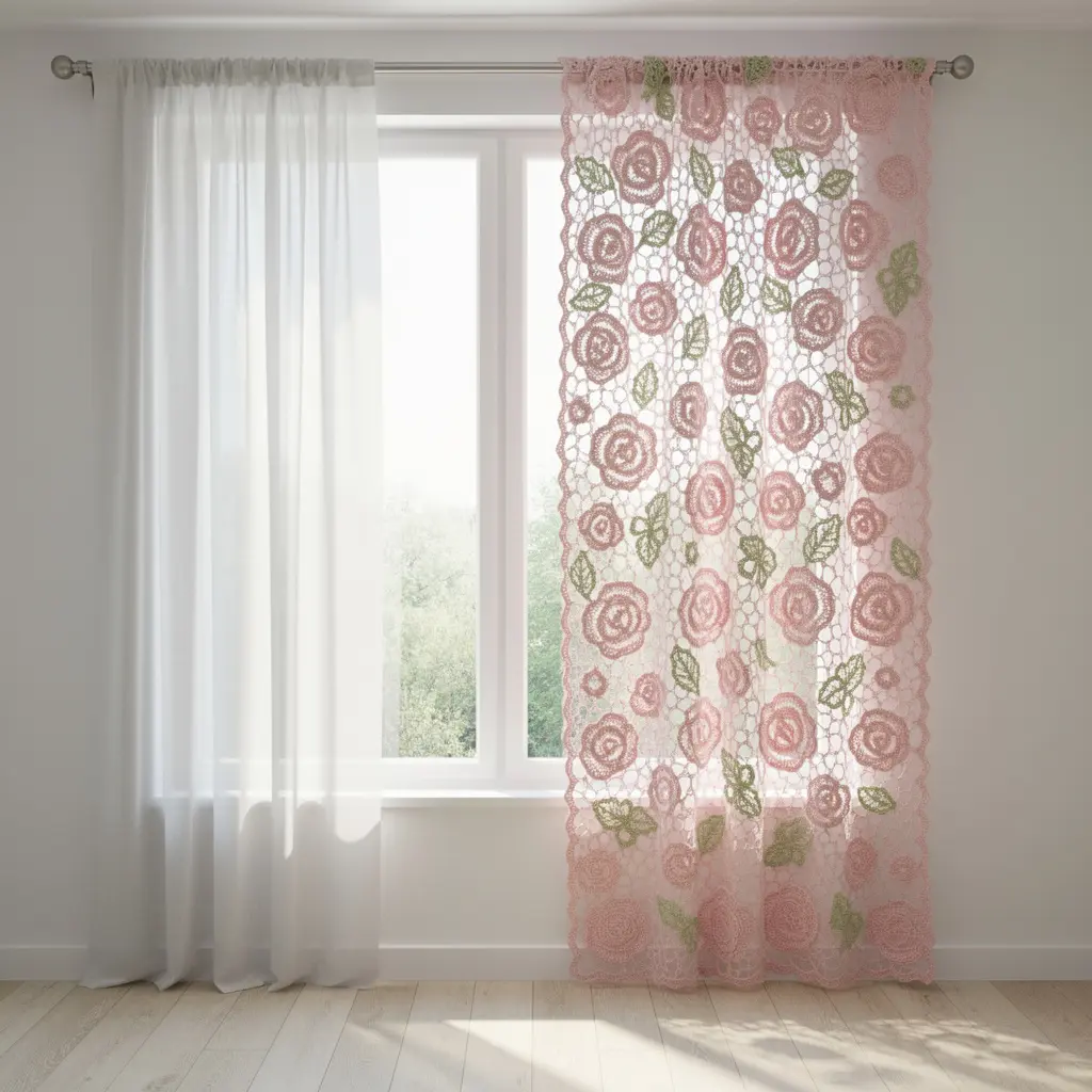 Pink Crochet Rose Curtain