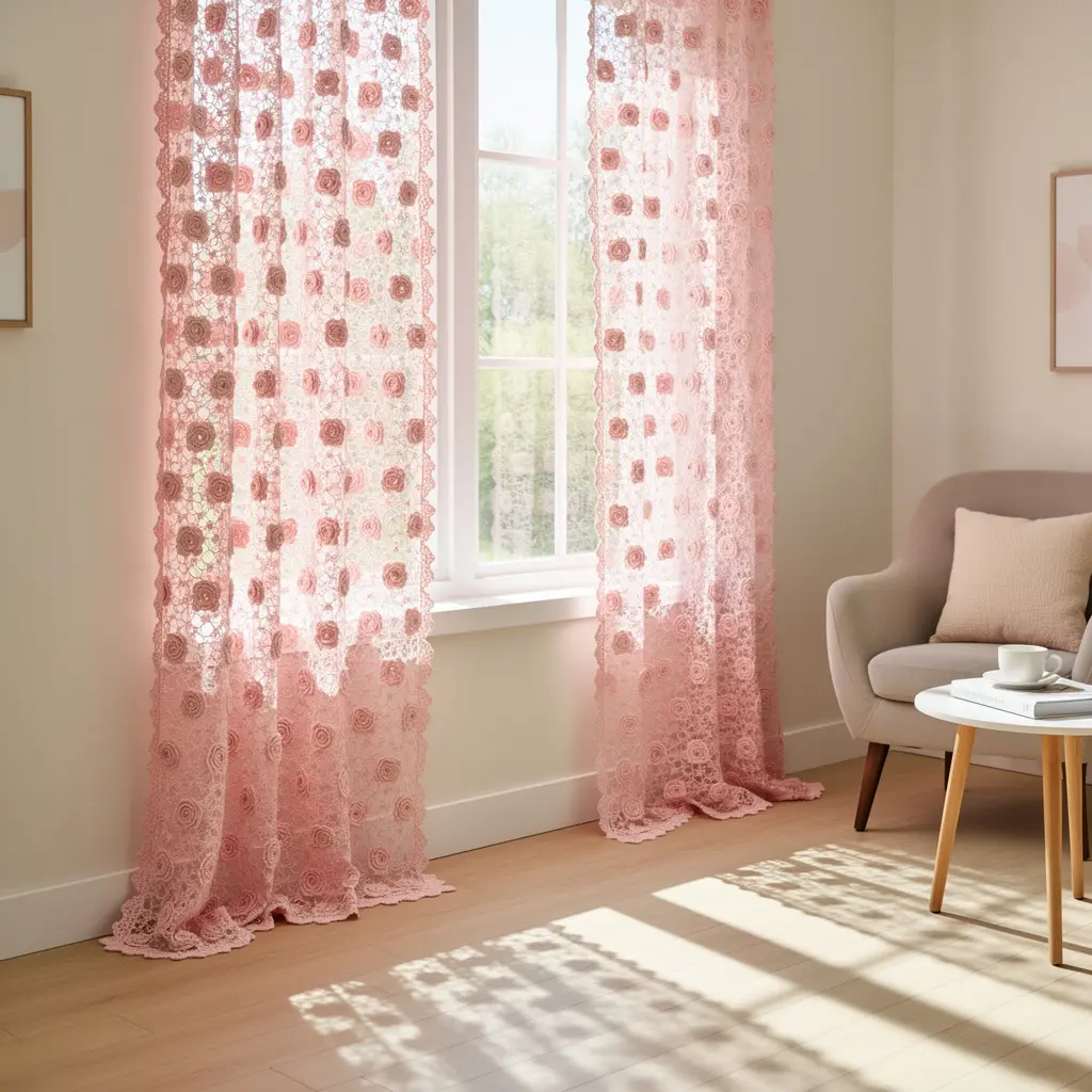 Pink Crochet Rose Curtain