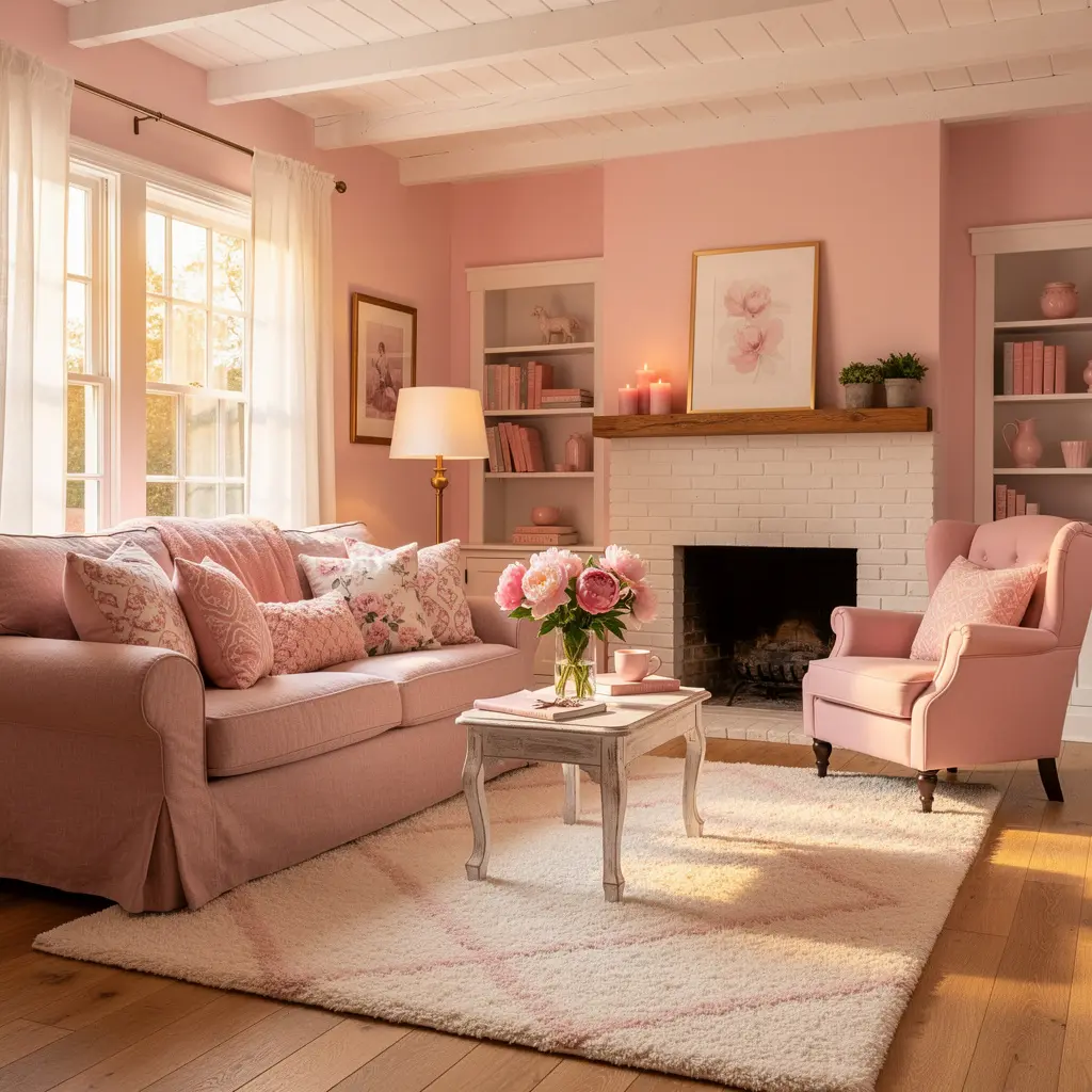Cozy Feminine Pink Cottage Living Room