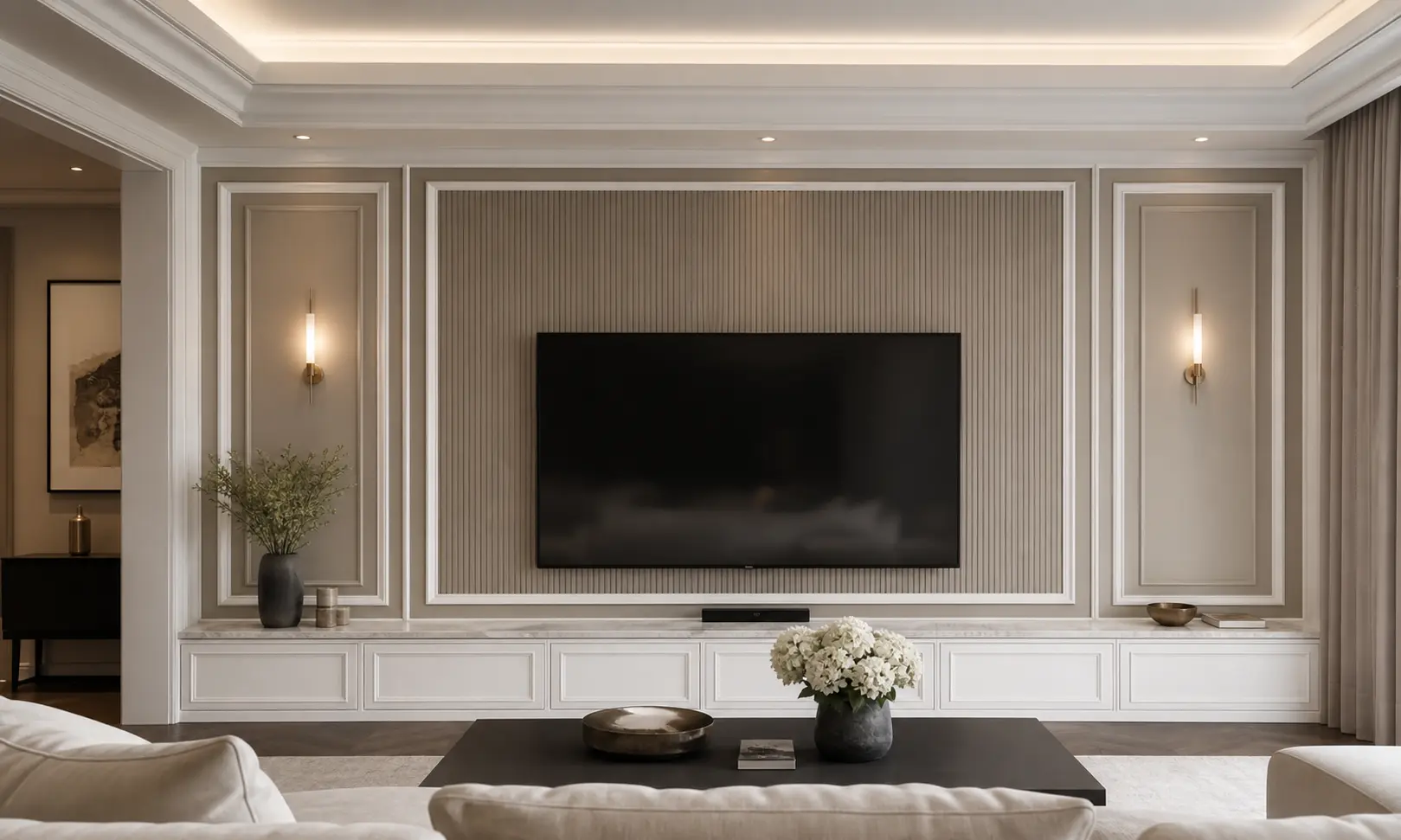Greige & White Luxury TV Wall Design Ideas