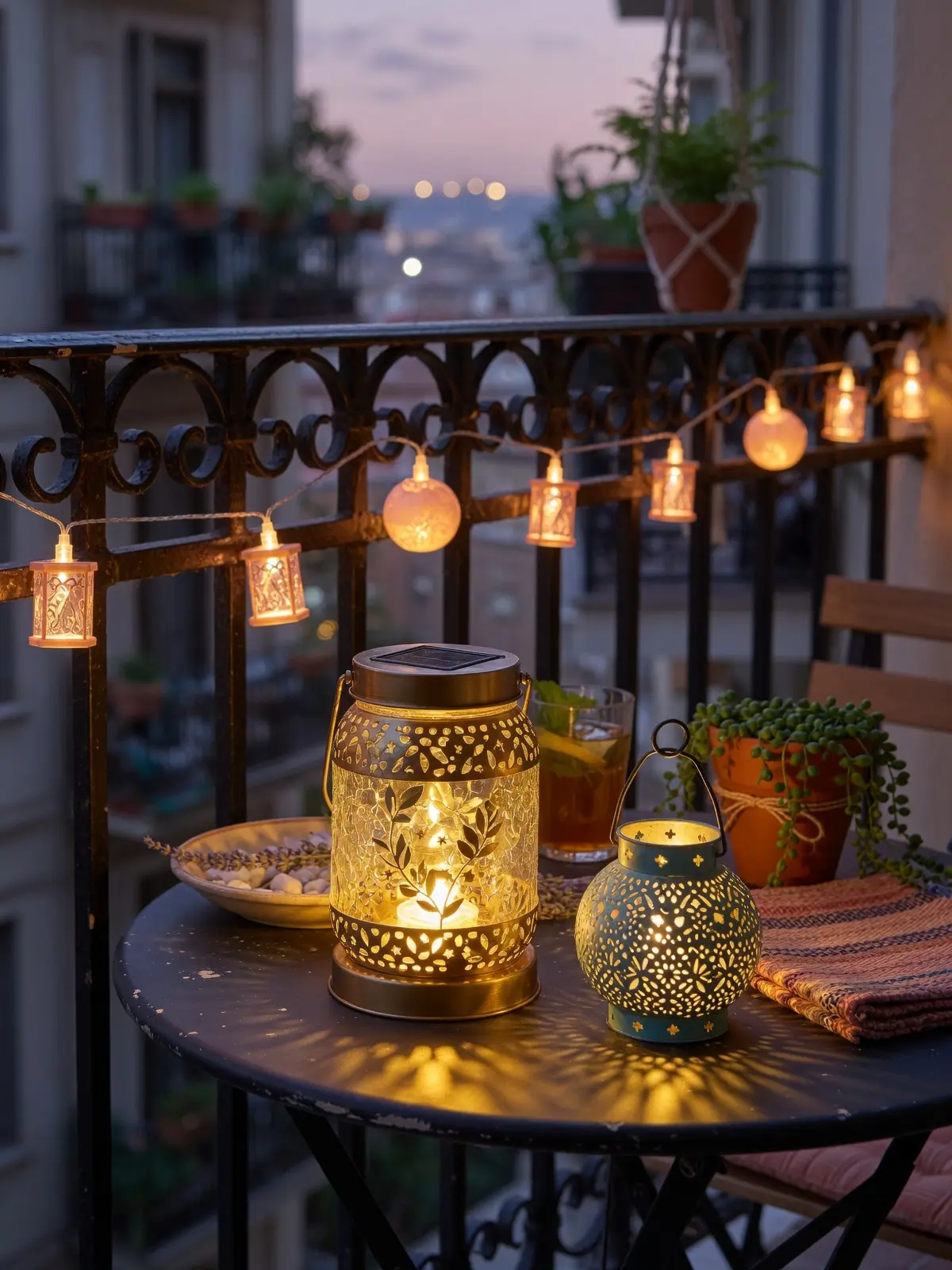 Small Balcony Setup with Solar Lights