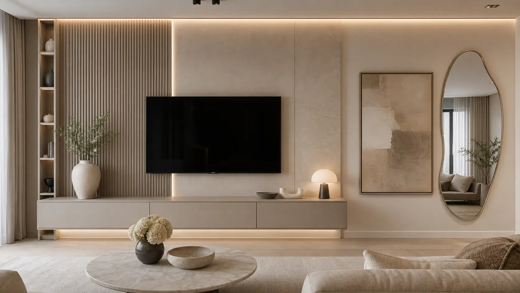 Greige & White Luxury TV Wall Design Ideas