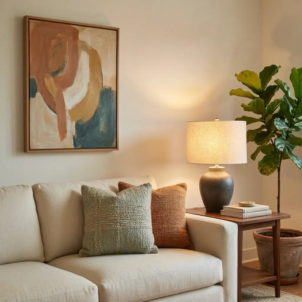 Warm Ambient Lighting and Cozy Living Room Wall Art
