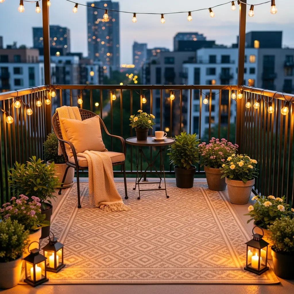 Small Balcony Setup with Solar Lights