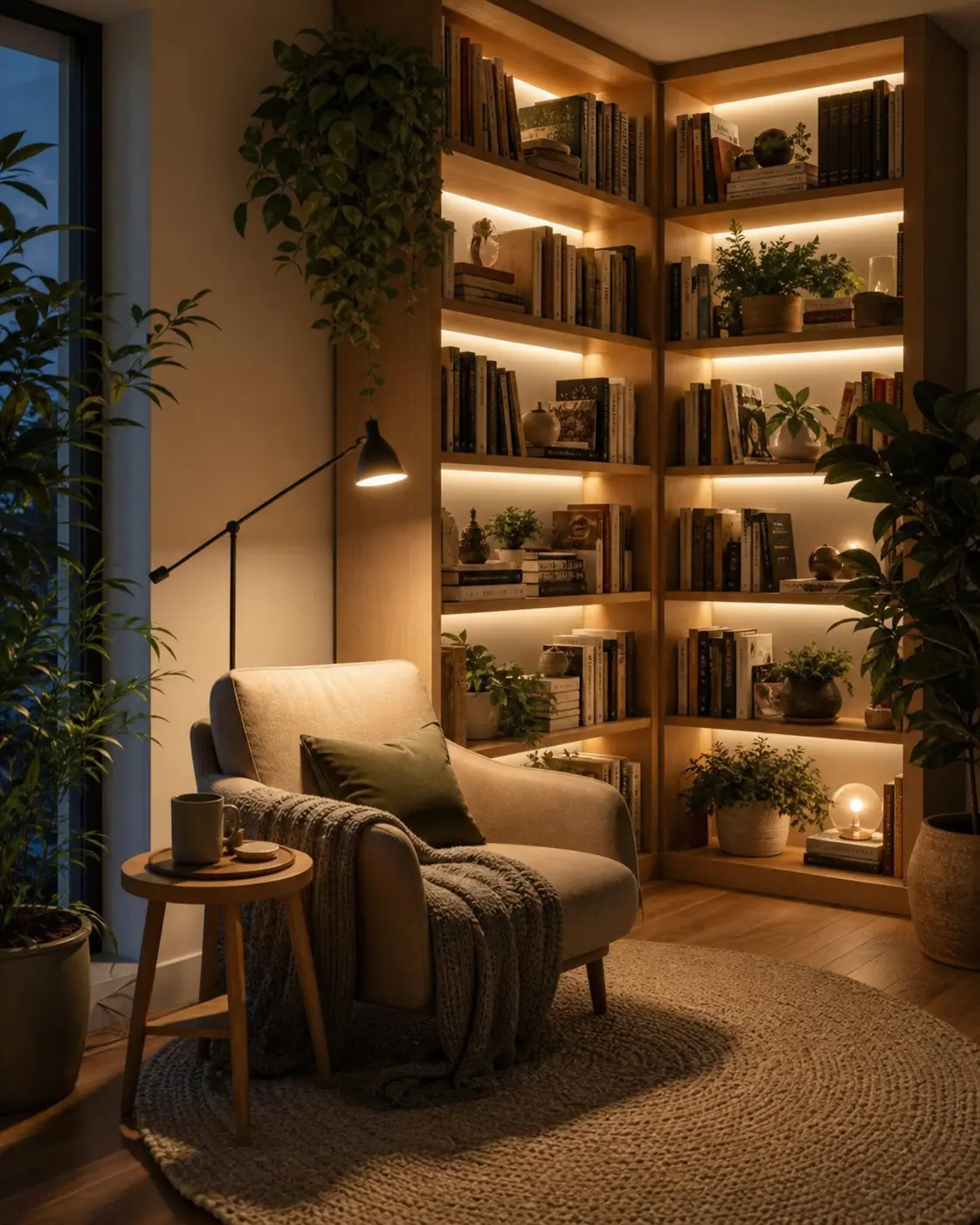 Cozy Backlit Bookshelf & Plant Corner Ideas