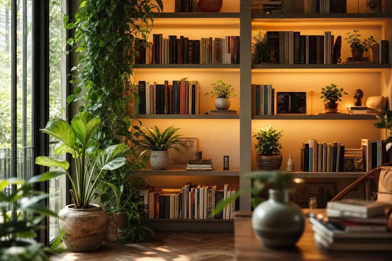 Cozy Backlit Bookshelf & Plant Corner Ideas
