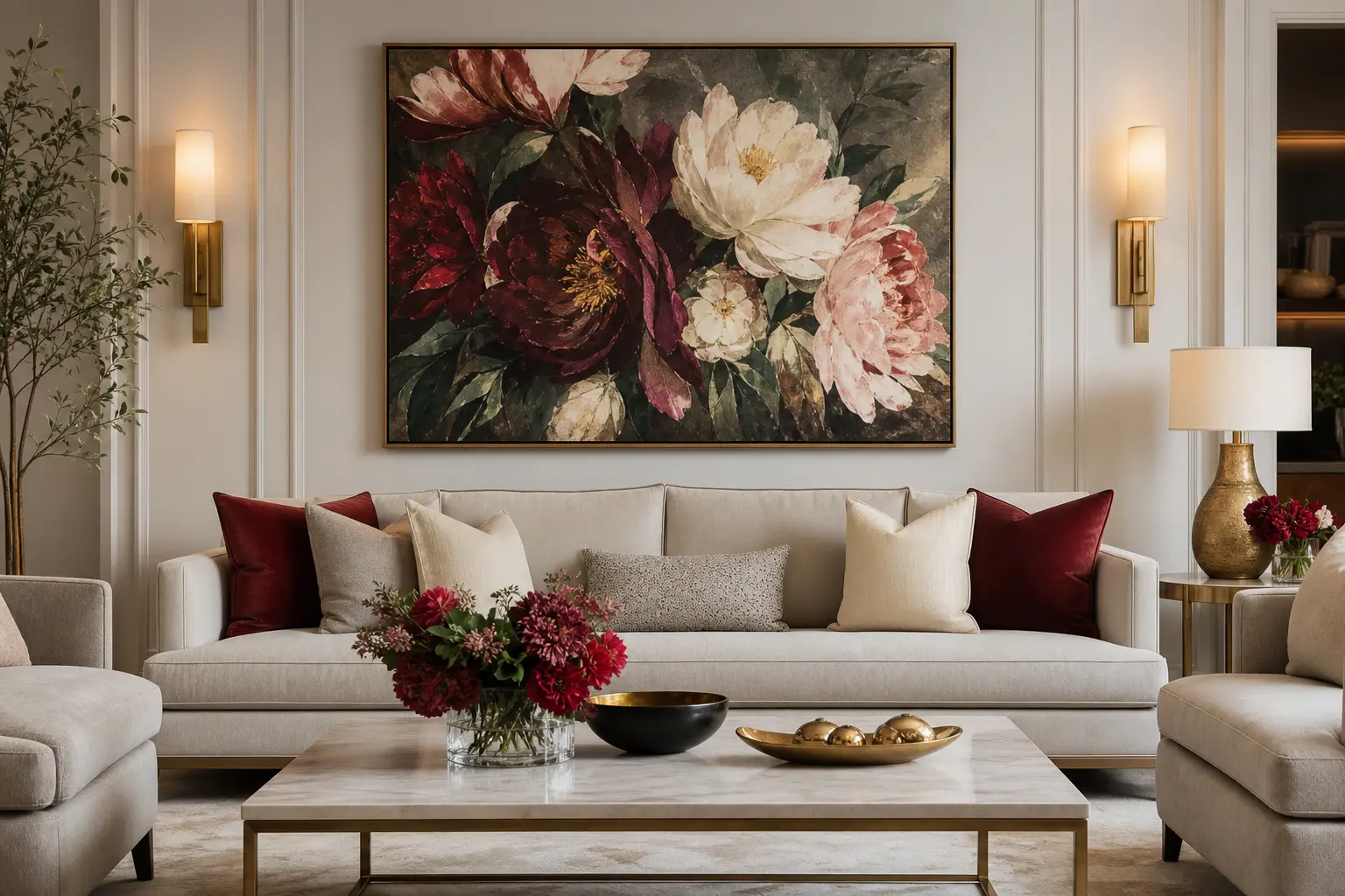 Elegant Luxury Living Room Ideas with Floral Wall Art