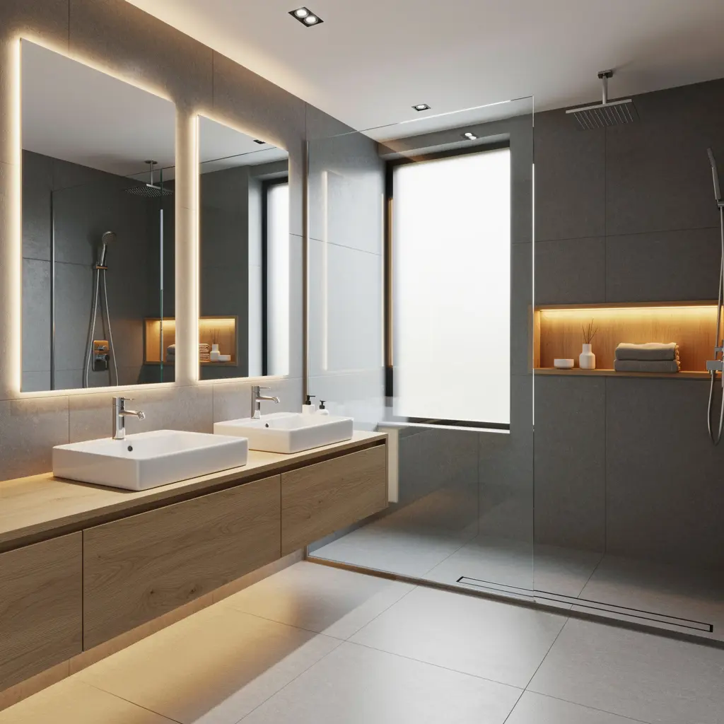 Modern Grey Bathroom Ideas with LED Mirrors