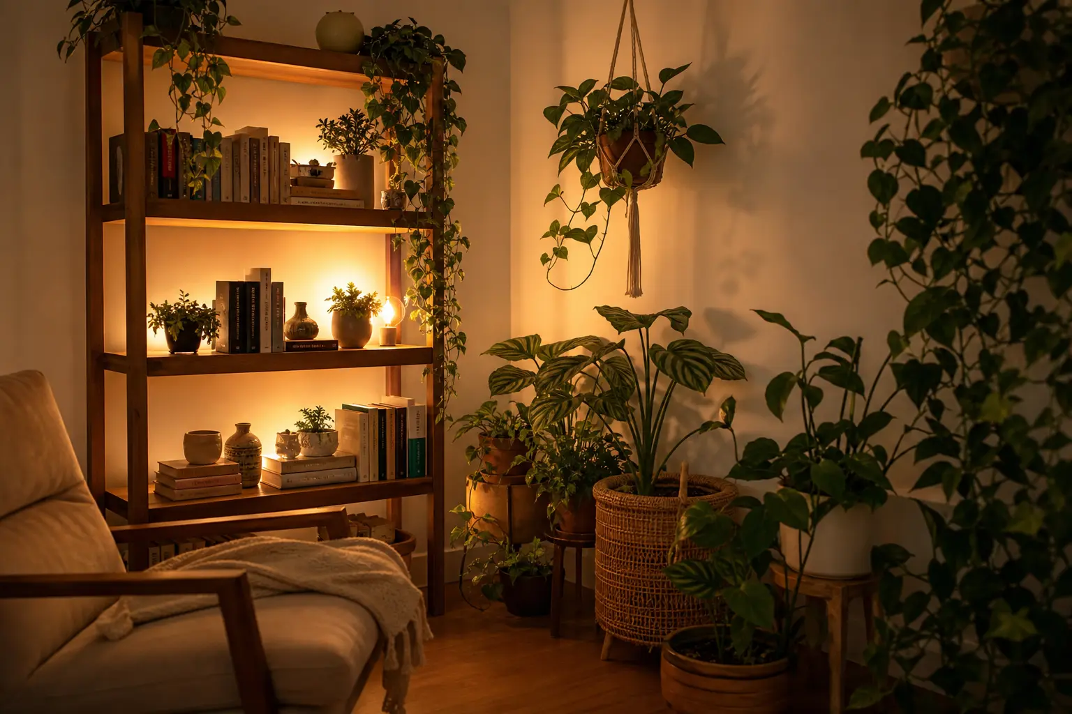 Cozy Backlit Bookshelf & Plant Corner Ideas