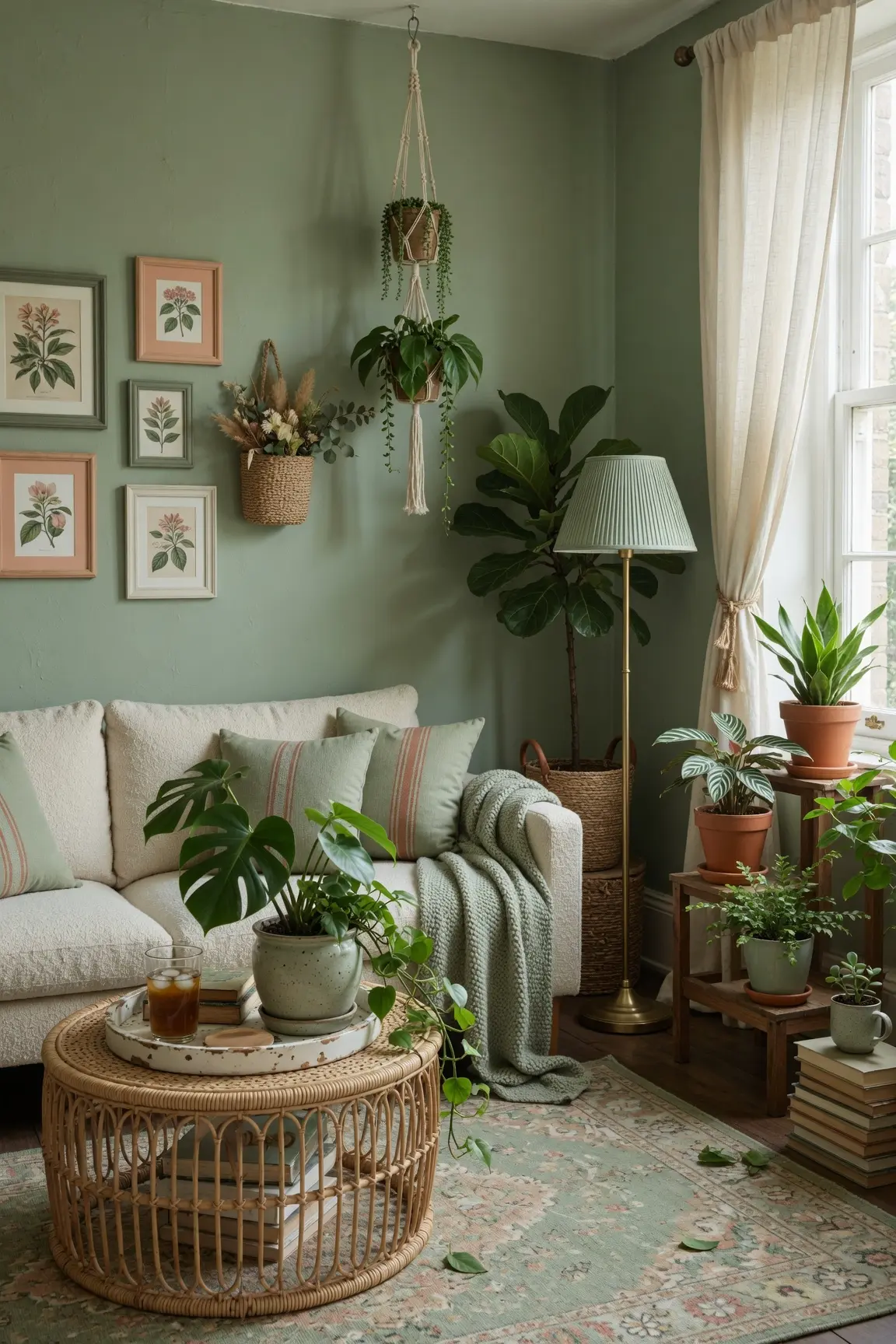 Cozy Sage Green Living Room Ideas with Plants