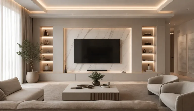Greige & White Luxury TV Wall Design Ideas