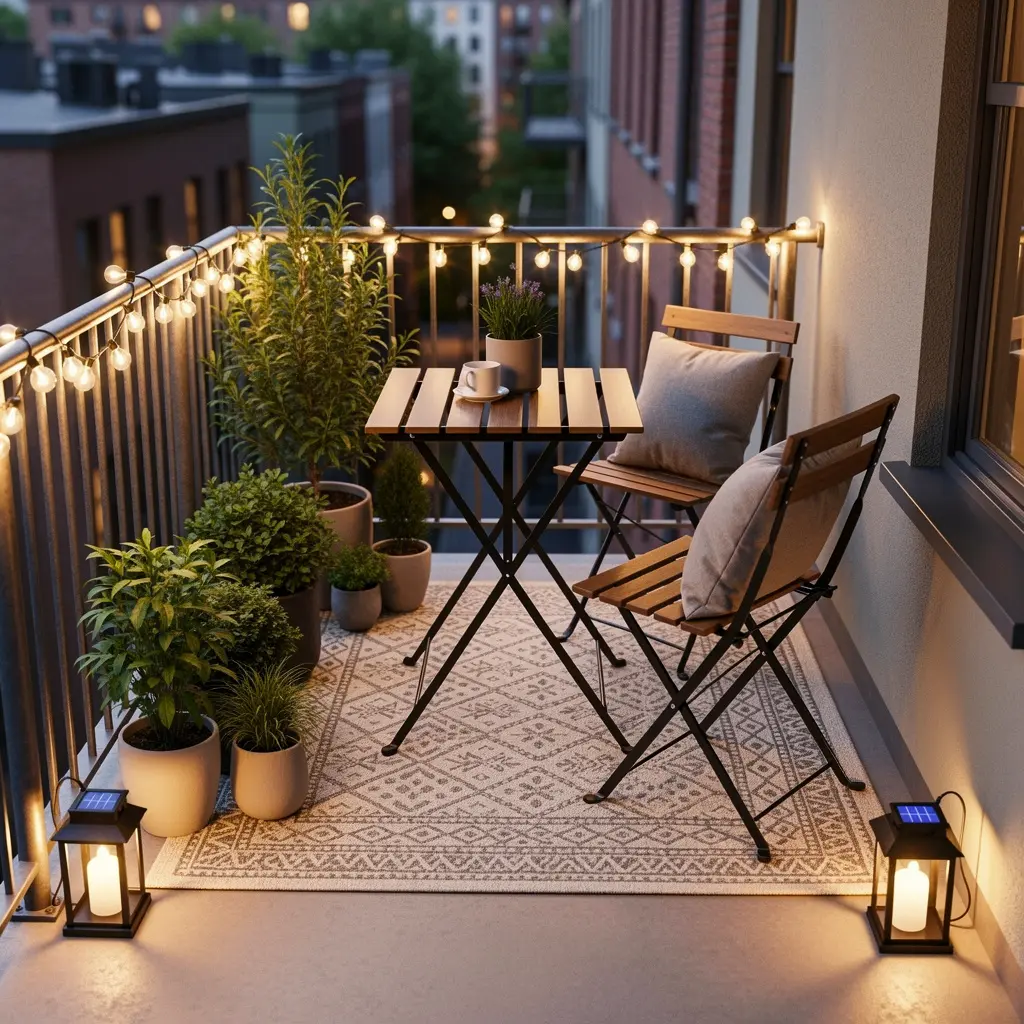 Small Balcony Setup with Solar Lights