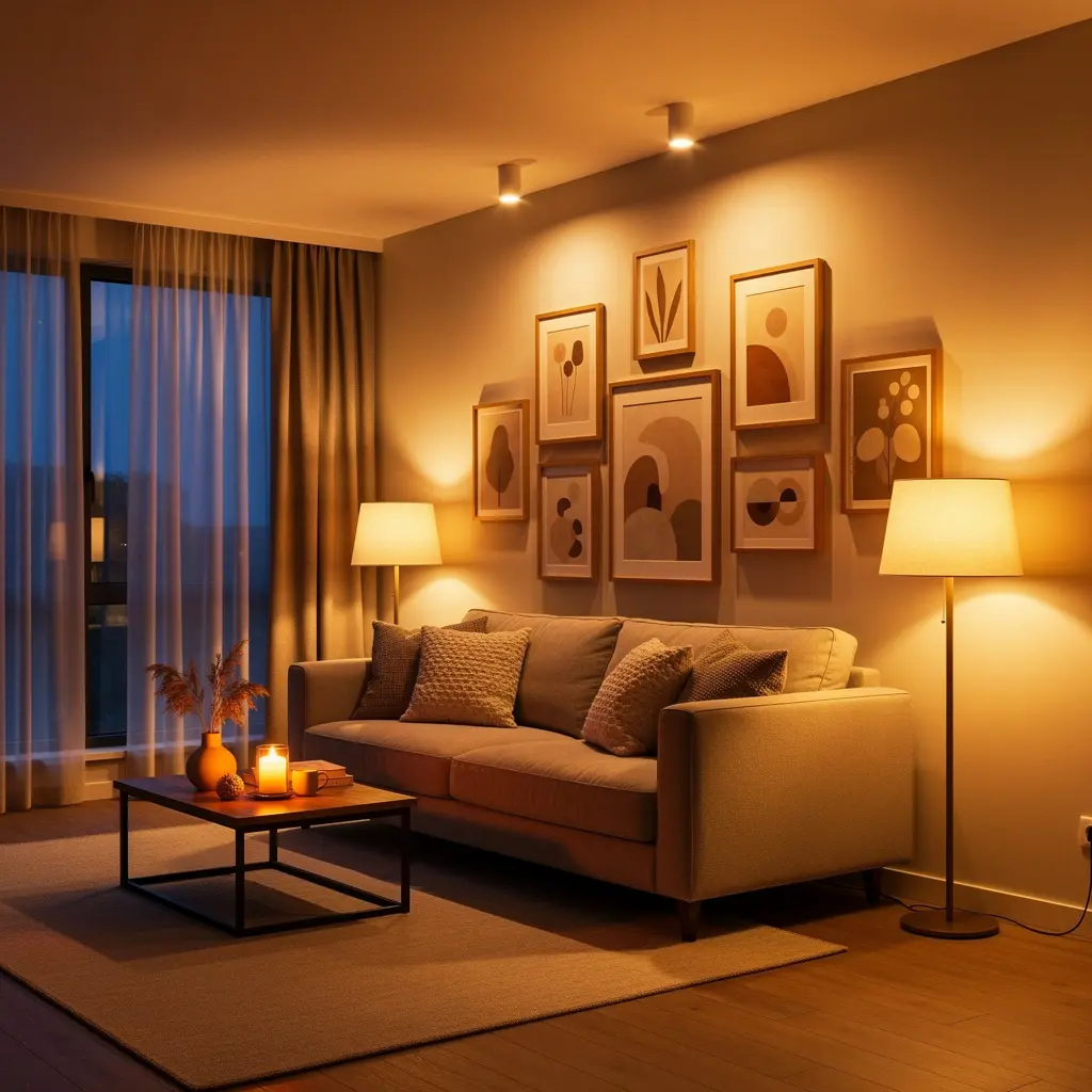 Warm Ambient Lighting and Cozy Living Room Wall Art
