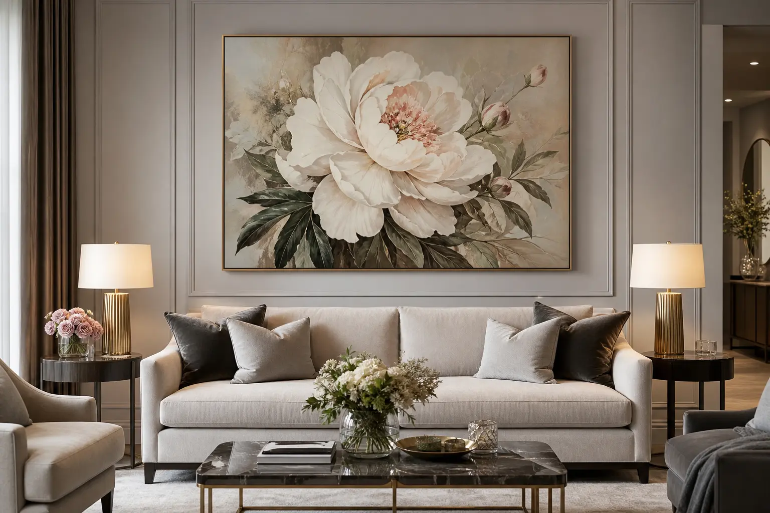 Elegant Luxury Living Room Ideas with Floral Wall Art