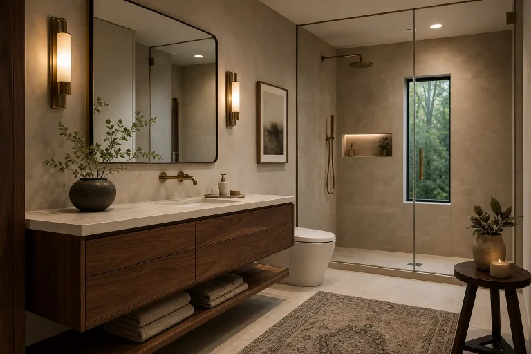 Greige & Walnut Brown Bathroom Decor Ideas