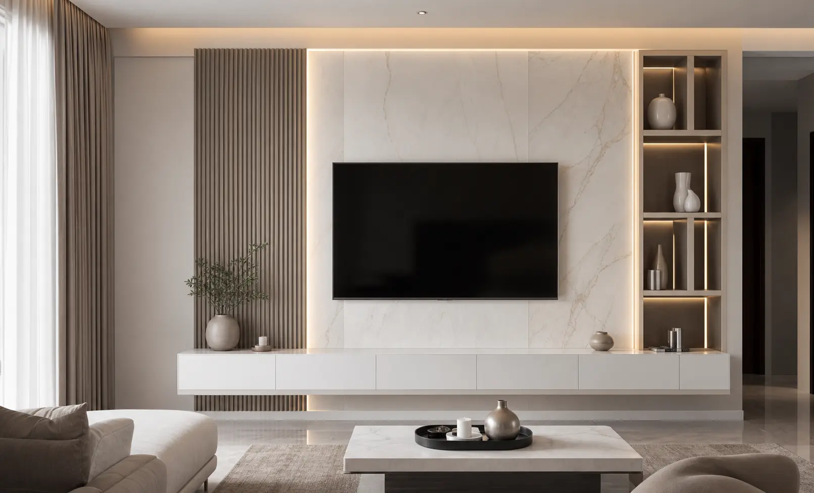 Greige & White Luxury TV Wall Design Ideas