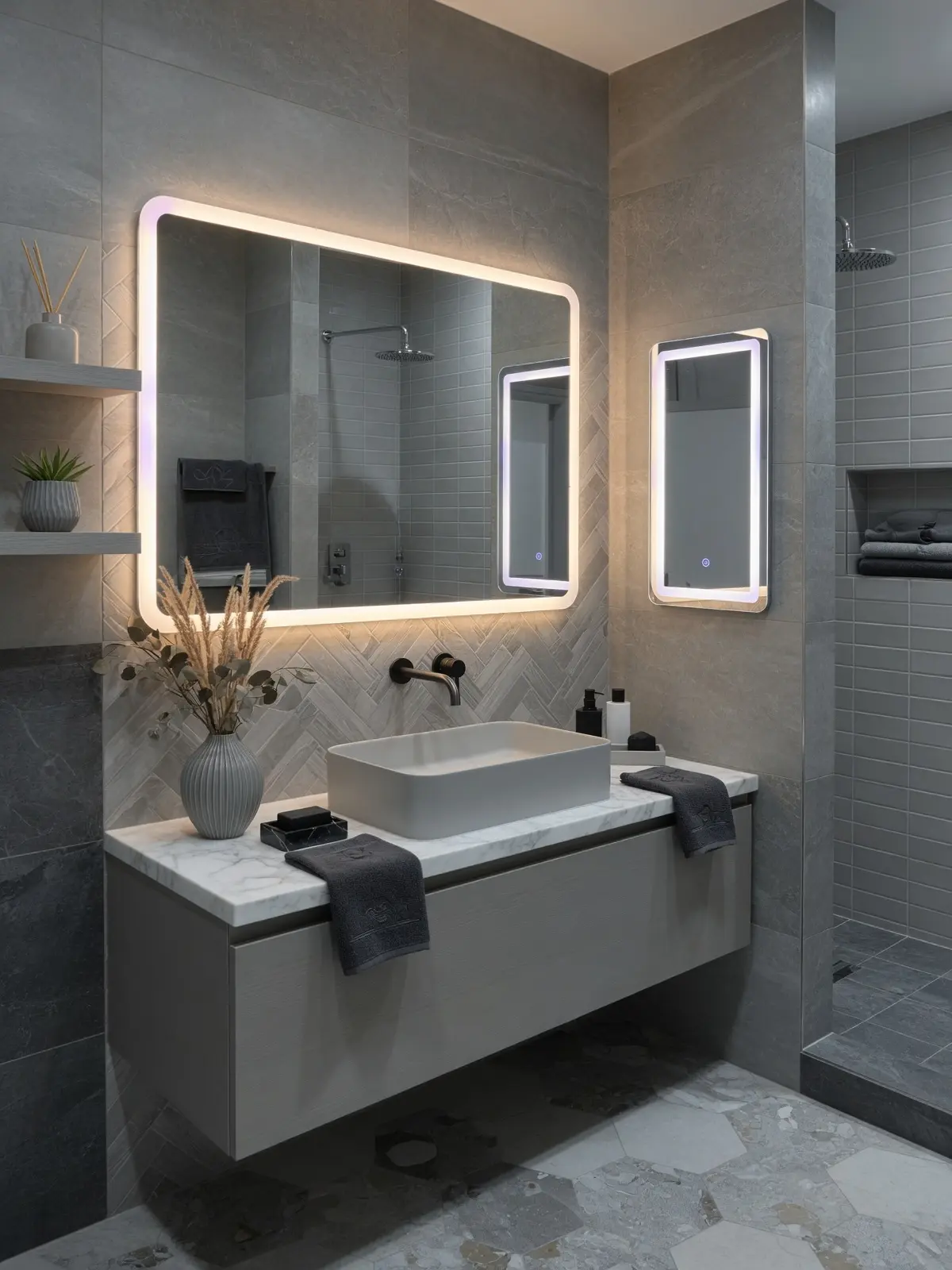 Modern Grey Bathroom Ideas with LED Mirrors