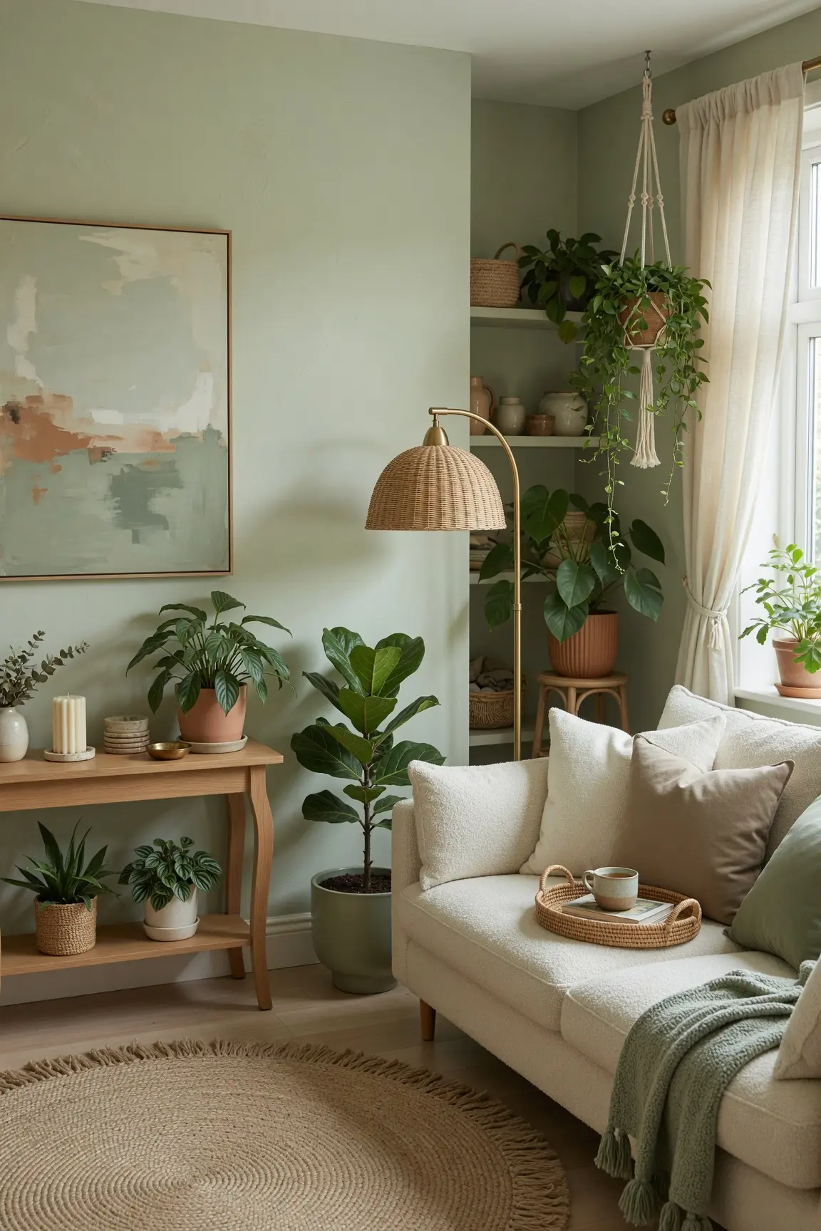 Cozy Sage Green Living Room Ideas with Plants