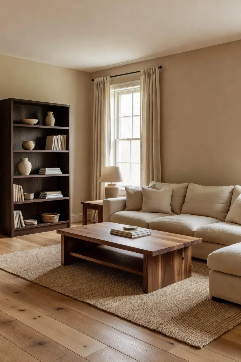 Cozy Beige Living Room Ideas with Wood Furniture