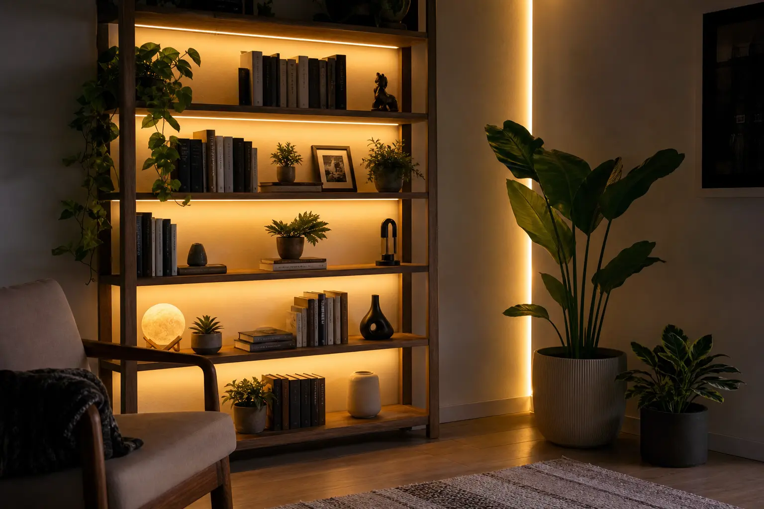 Cozy Backlit Bookshelf & Plant Corner Ideas