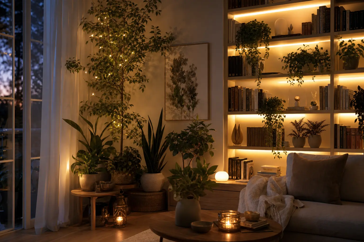 Cozy Backlit Bookshelf & Plant Corner Ideas