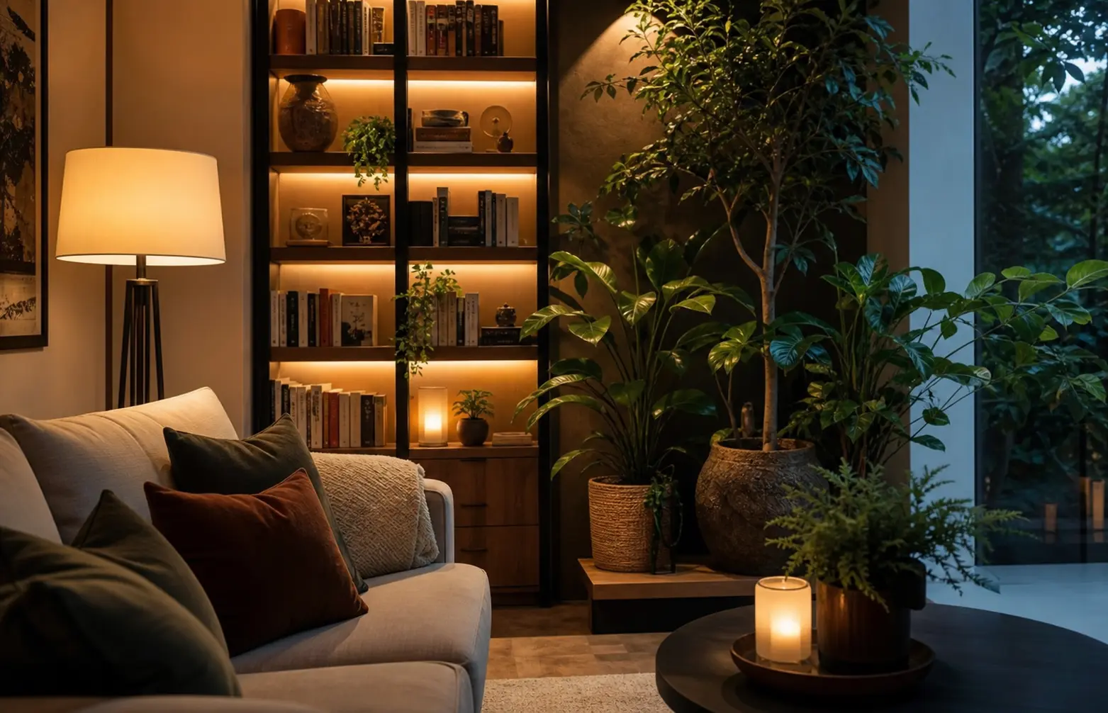 Cozy Backlit Bookshelf & Plant Corner Ideas