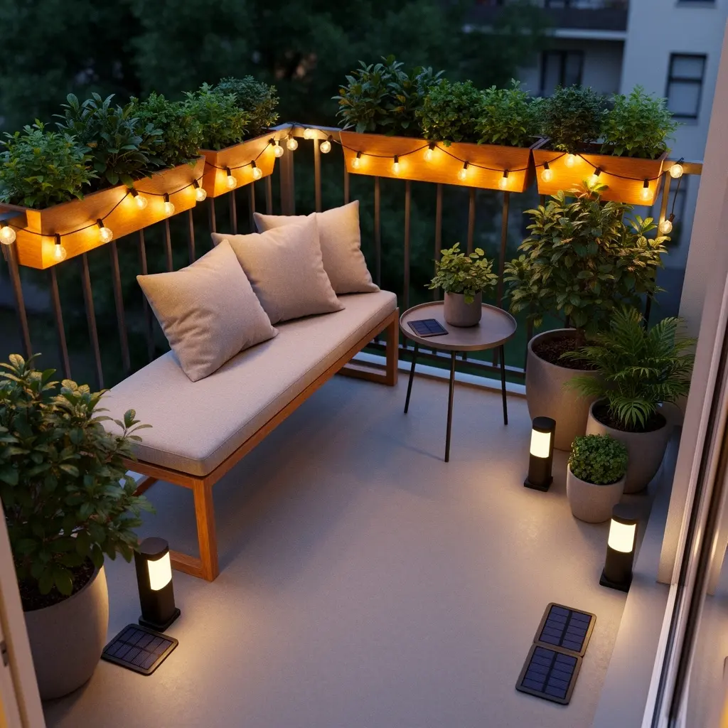 Small Balcony Setup with Solar Lights