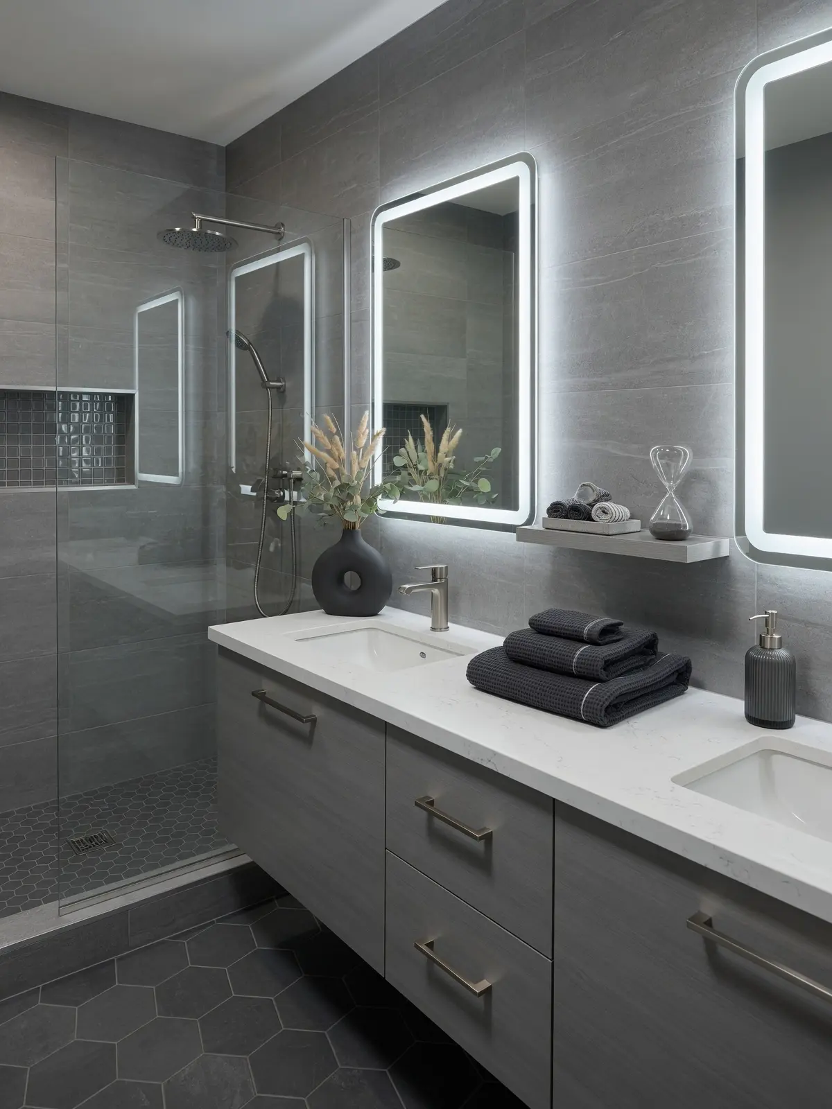 Modern Grey Bathroom Ideas with LED Mirrors