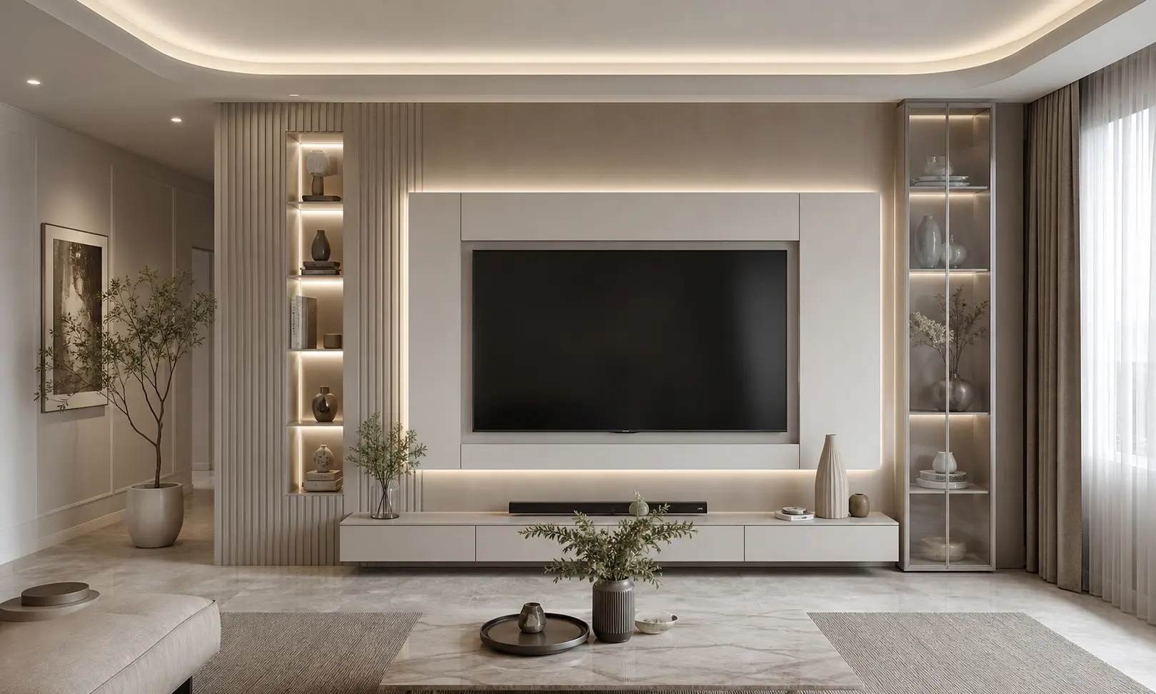 Greige & White Luxury TV Wall Design Ideas