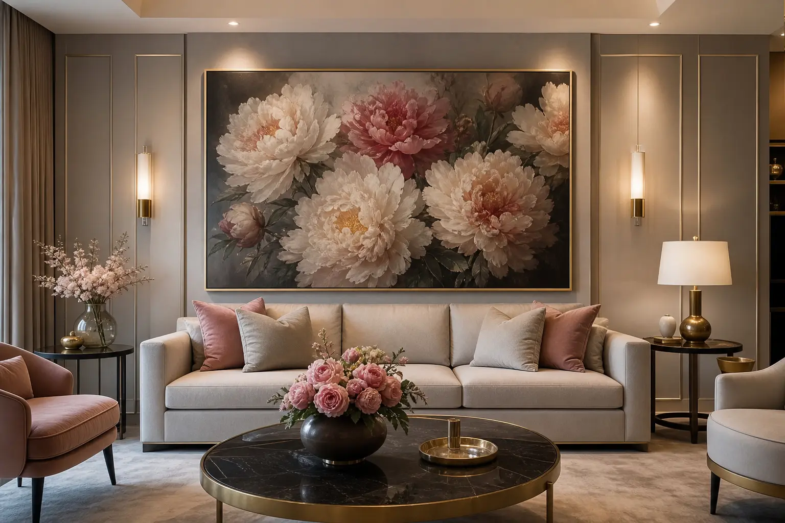Elegant Luxury Living Room Ideas with Floral Wall Art