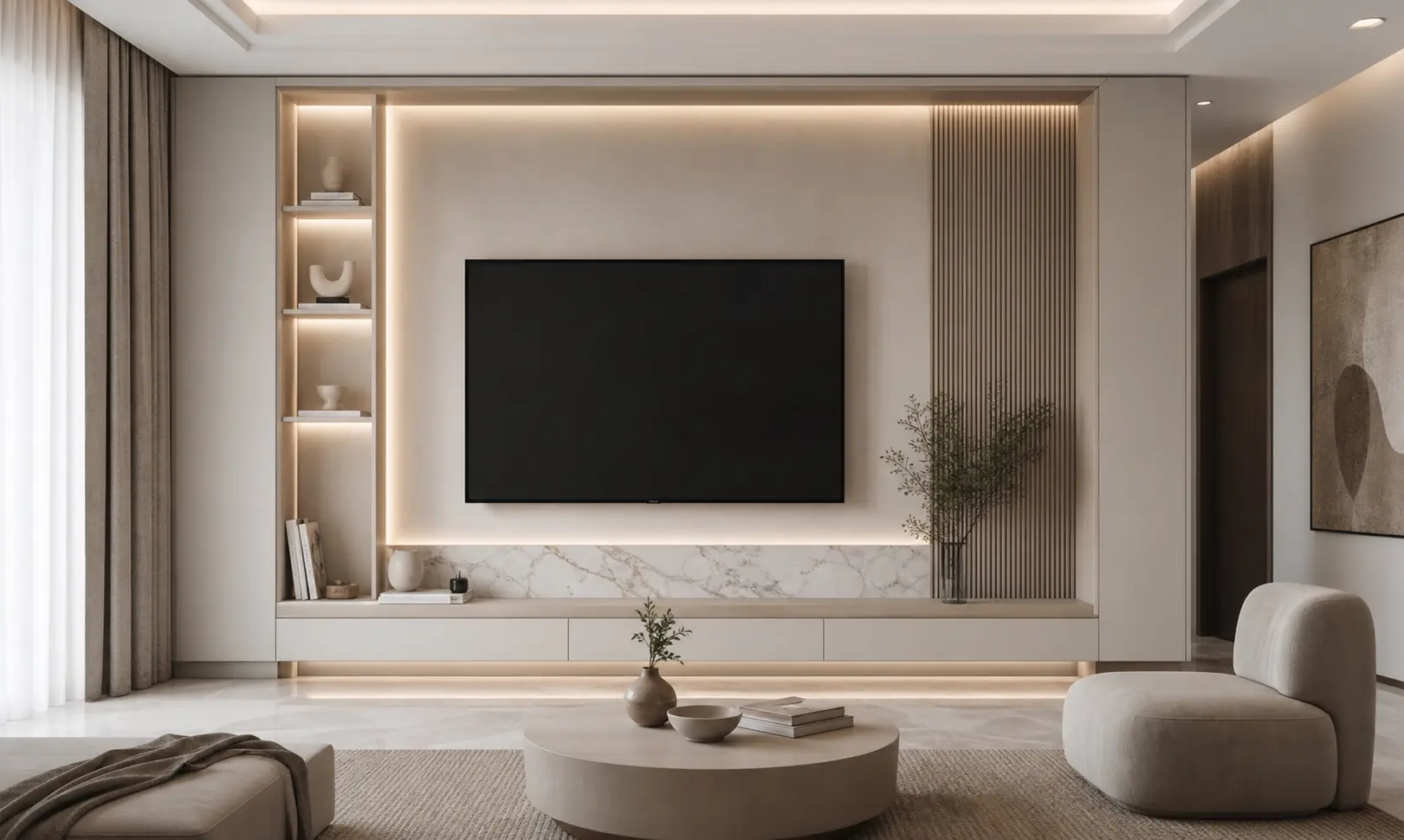 Greige & White Luxury TV Wall Design Ideas