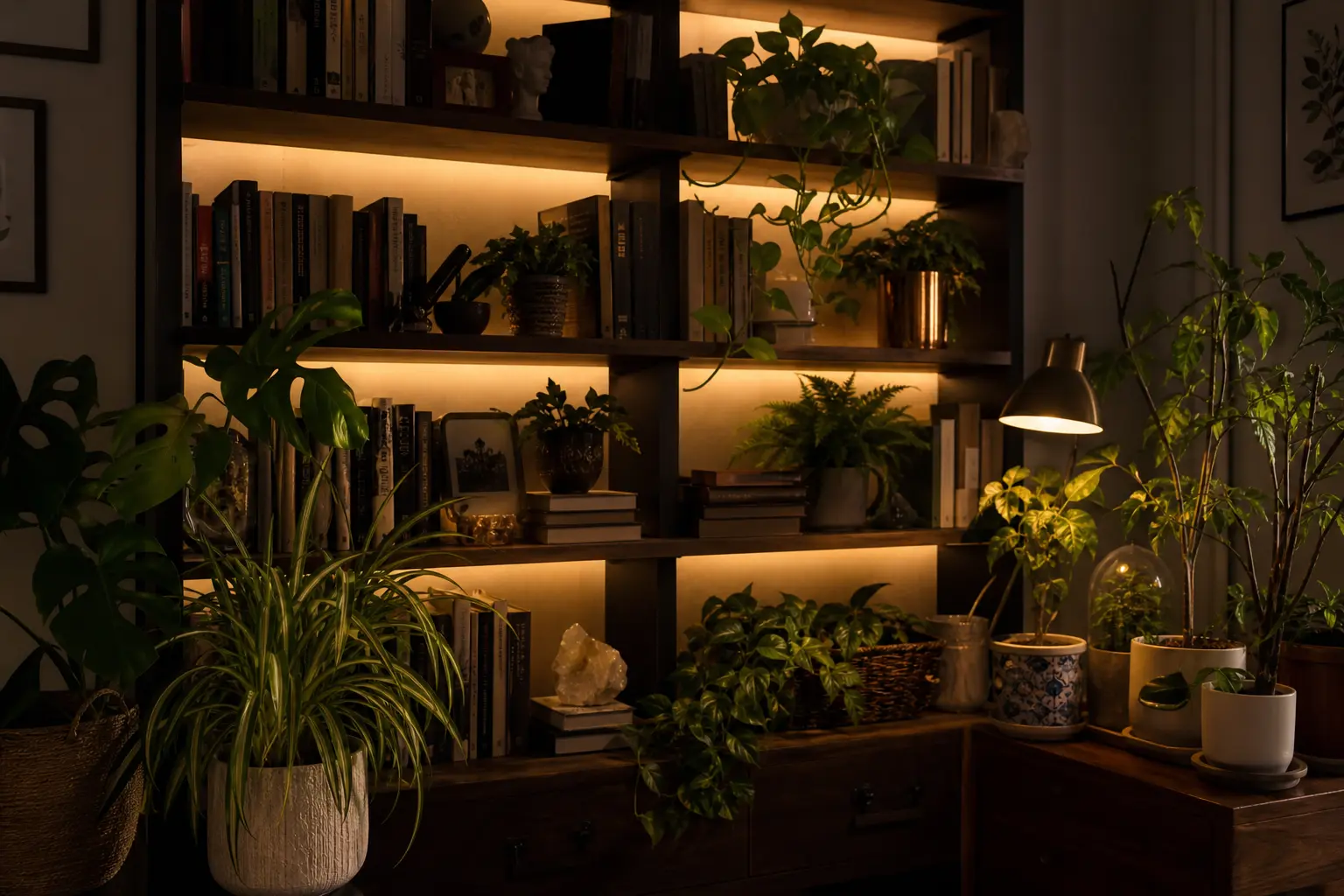 Cozy Backlit Bookshelf & Plant Corner Ideas