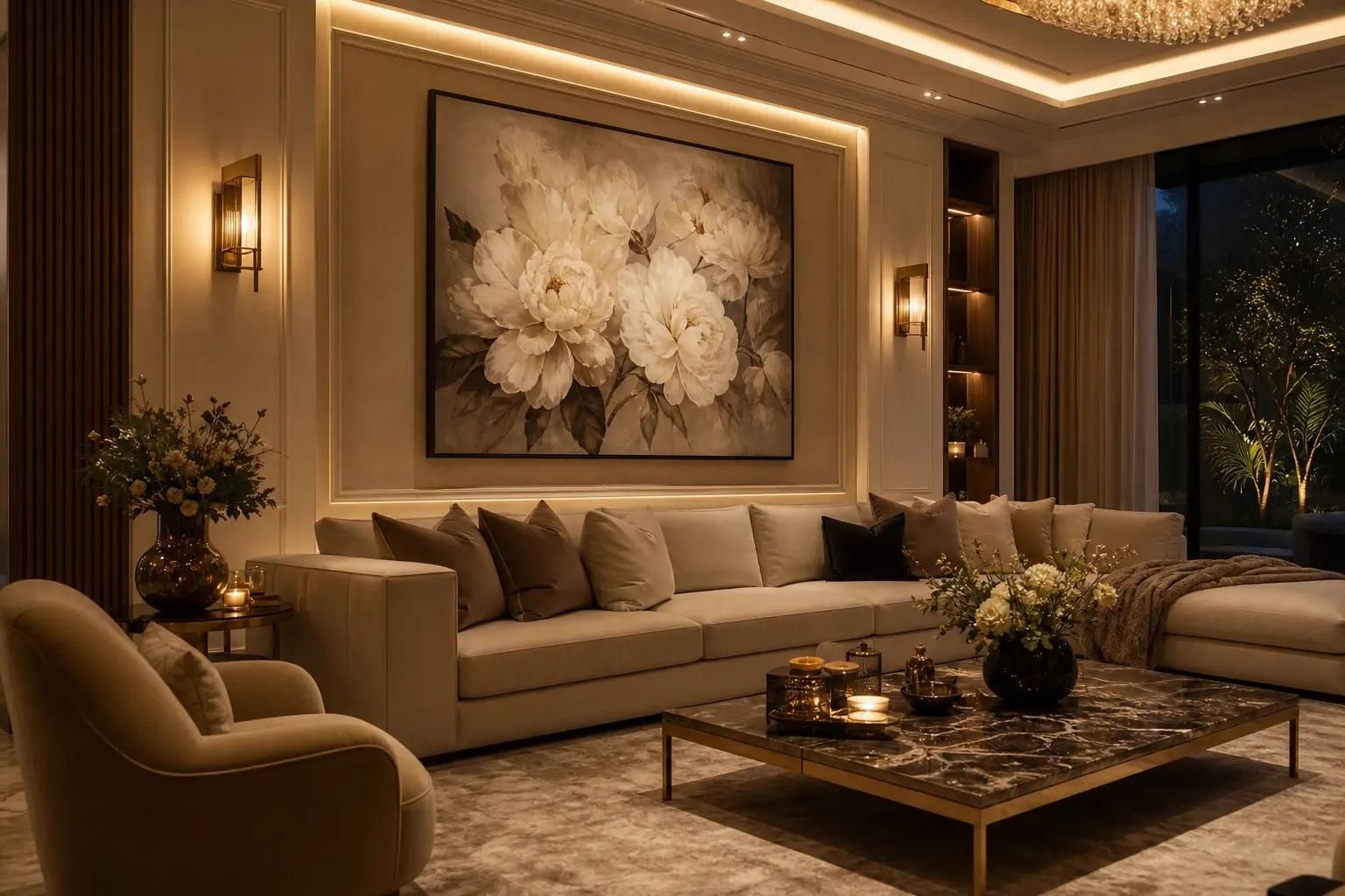 Elegant Luxury Living Room Ideas with Floral Wall Art