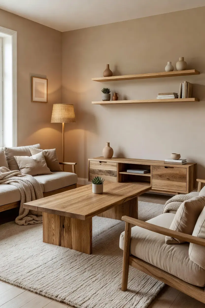 Cozy Beige Living Room Ideas with Wood Furniture