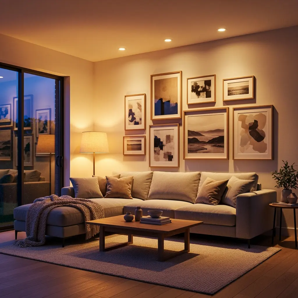 Warm Ambient Lighting and Cozy Living Room Wall Art