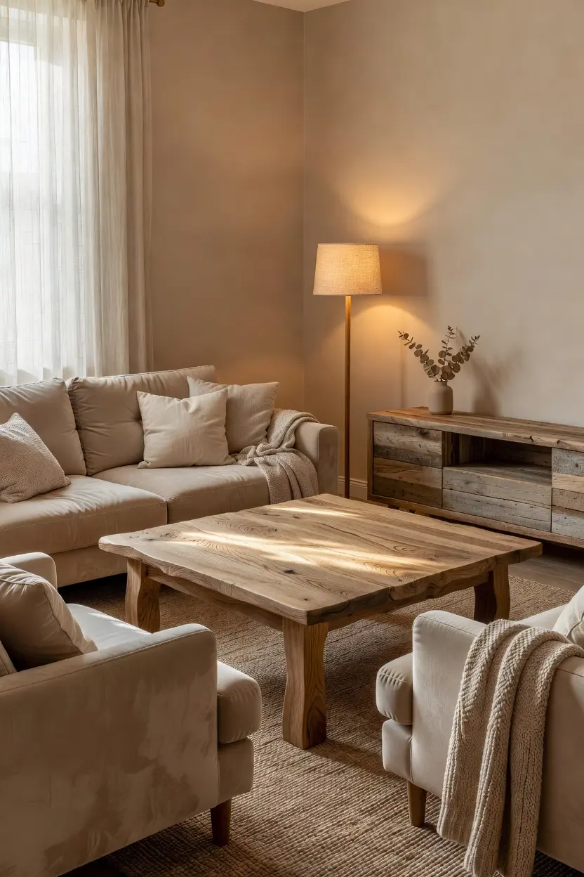 Cozy Beige Living Room Ideas with Wood Furniture