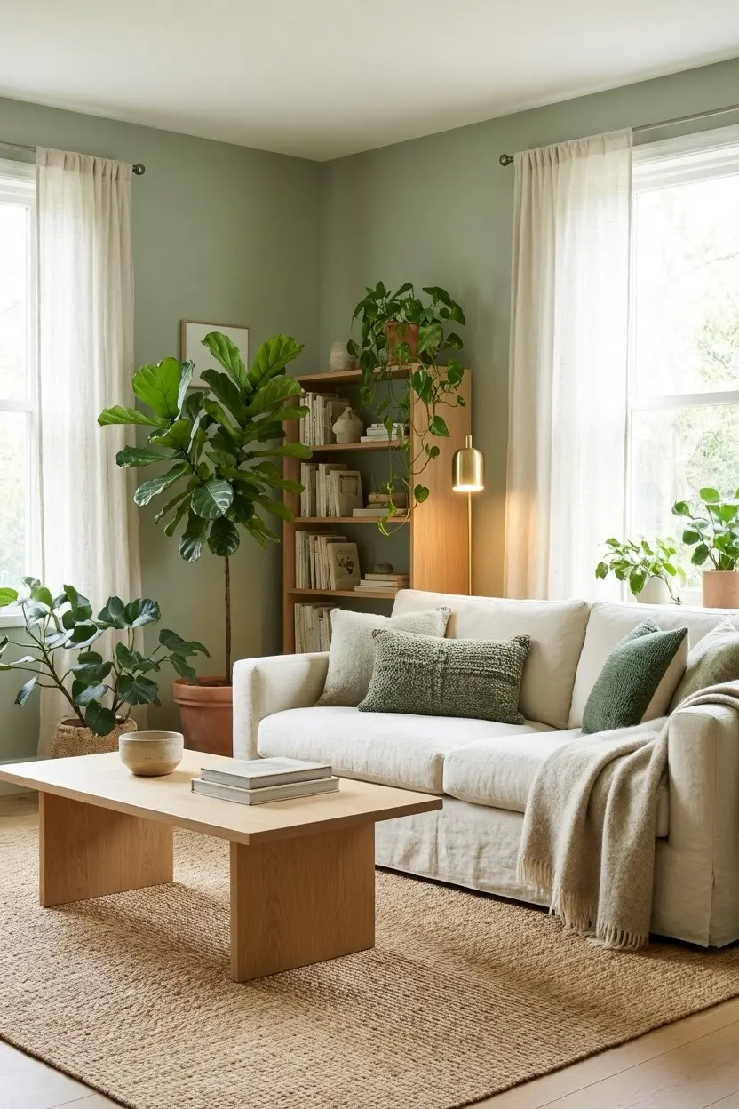 Cozy Sage Green Living Room Ideas with Plants